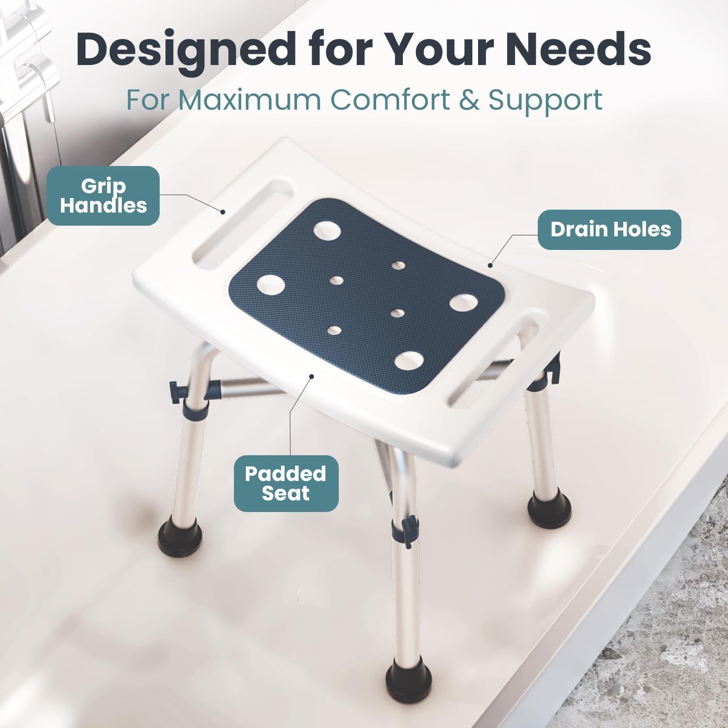 Shower Chair for inside Shower (350 Lb) - Adjustable Height, Padded Seat, Shower Chair for Elderly and Disabled - Shower Chair for Adults, Tub Chairs for Bathtubs - Dark Blue