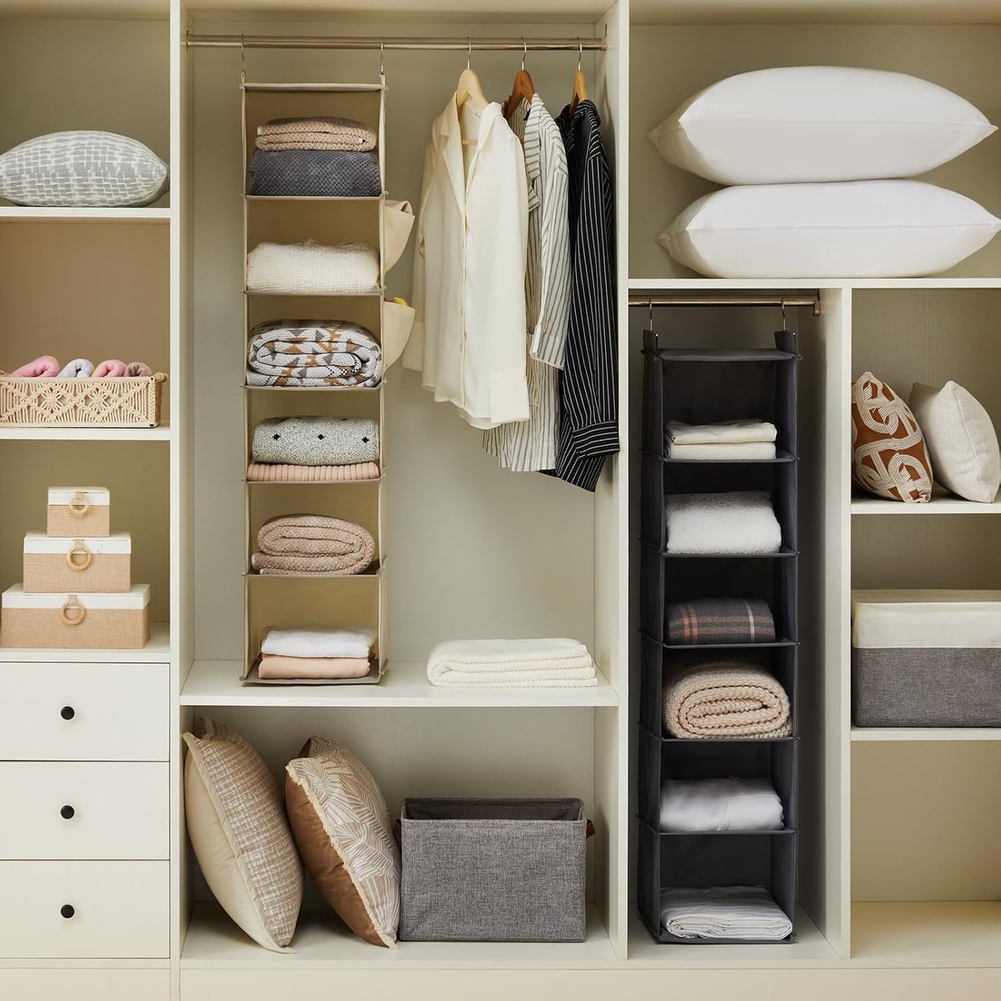 Hanging Closet Organizer, 6-Shelf Closet Hanging Storage with Side Pockets, Beige