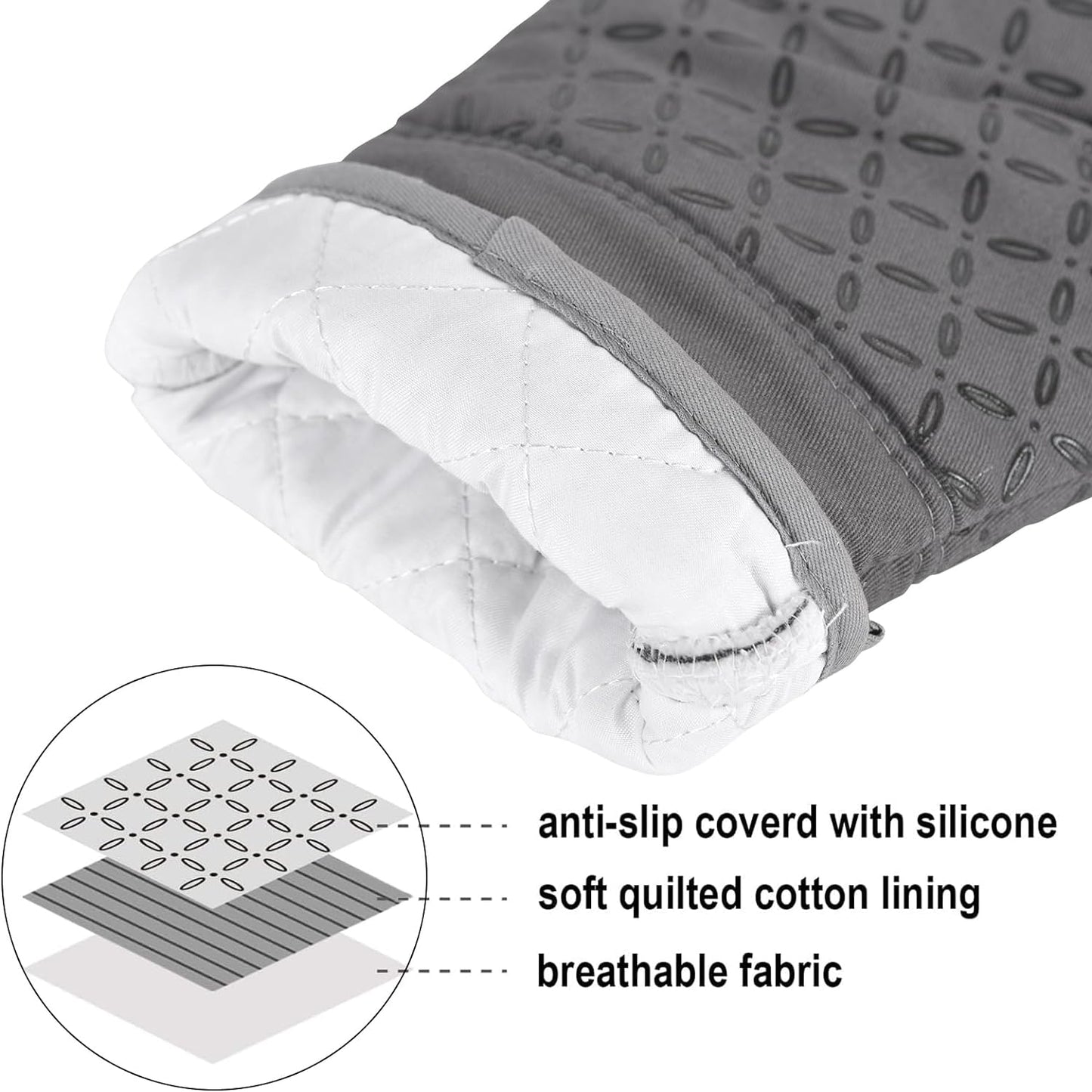 Oven Mitts and Pot Holders 6Pcs Set, Kitchen Oven Glove High Heat Resistant 500 Degree Extra Long Oven Mitts and Potholder with Non-Slip Silicone Surface for Cooking (Grey)