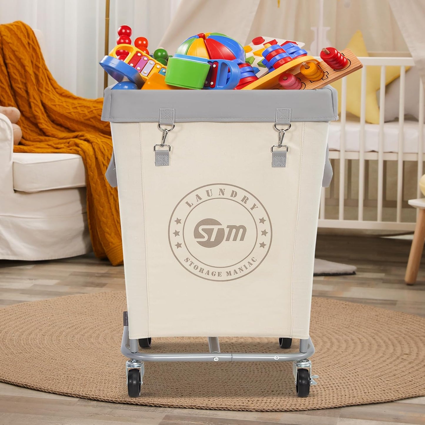 Commercial Laundry Hamper with Heavy Duty Steel Frame, 160 L Industrial Laundry Basket Cart with Wheels for Hotel, Home, Laundry Room, 17.72''L X 17.72''W X 30.91''H, Medium Beige