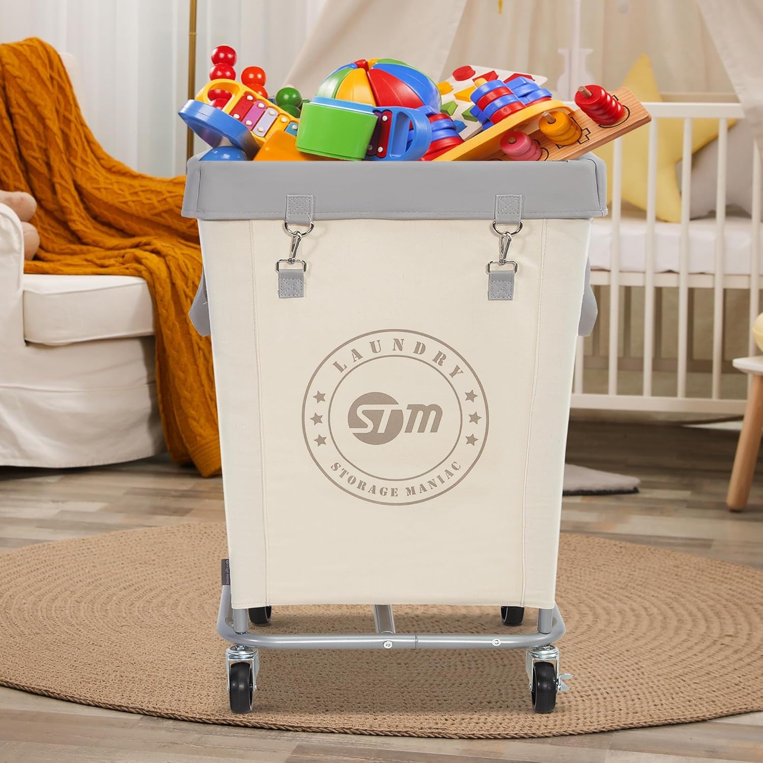 Commercial Laundry Hamper with Heavy Duty Steel Frame, 160 L Industrial Laundry Basket Cart with Wheels for Hotel, Home, Laundry Room, 17.72''L X 17.72''W X 30.91''H, Medium Beige