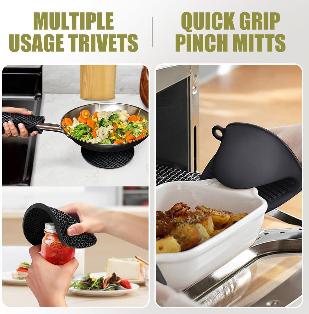 6Pcs Oven Mitts and Pot Holders Sets Heat Resistant 500 Degrees, Extra Long and Non-Slip Silicone Oven Gloves Potholders Hot Pads for Kitchen Baking Cooking, Quilted Liner, Black