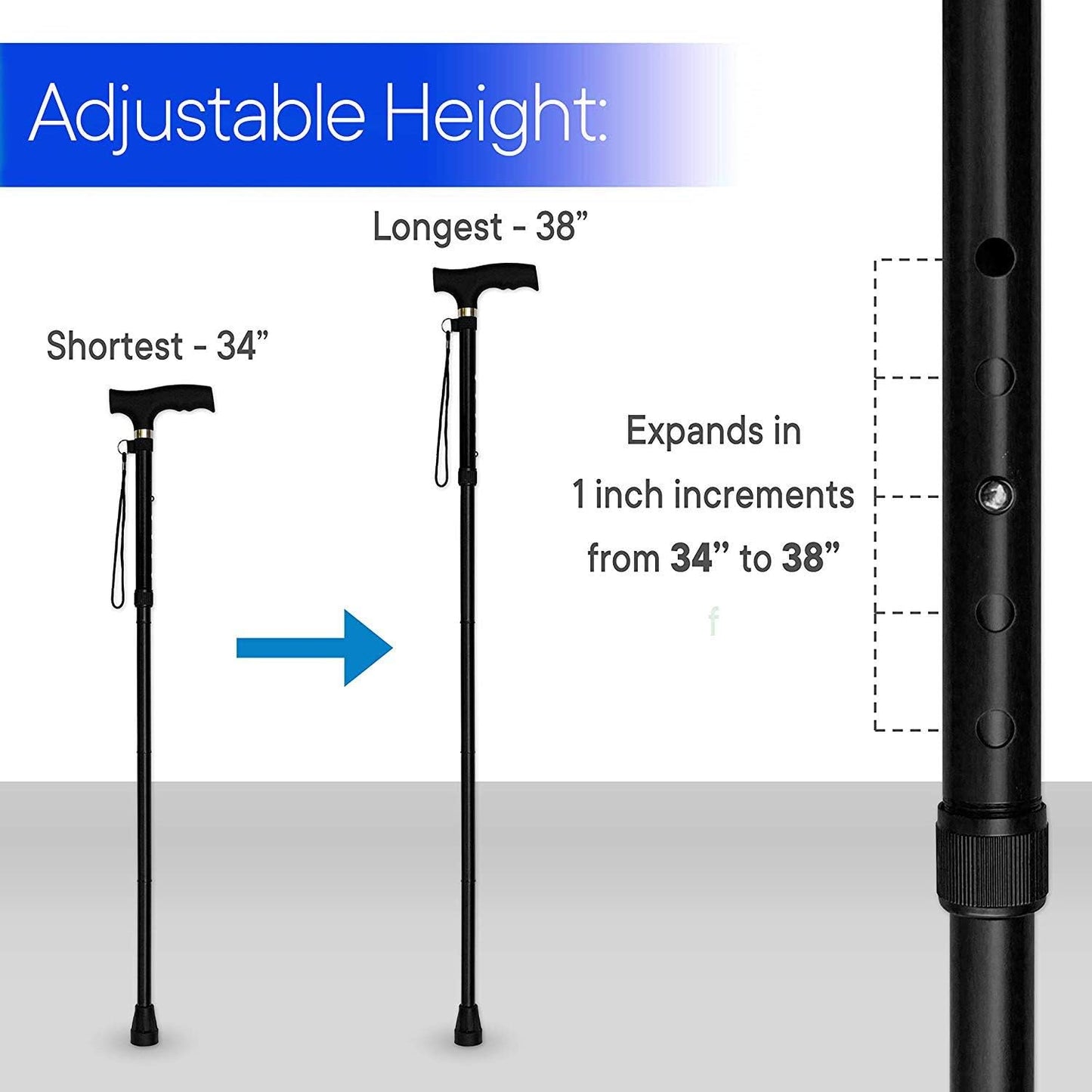 Folding Lightweight Walking Stick - Adjustable Aluminum Metal Collapsible Travel Cane with Non-Slip Rubber Base