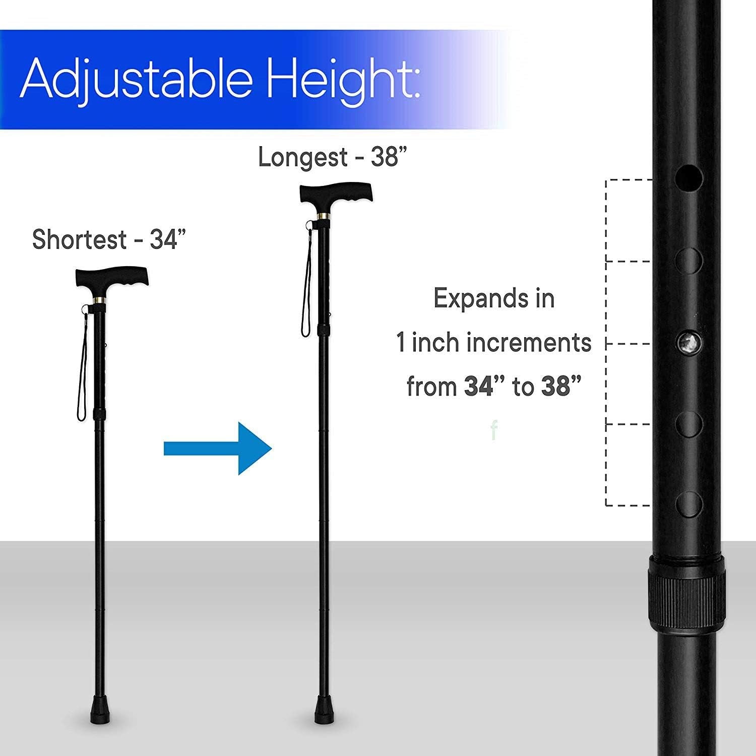 Folding Lightweight Walking Stick - Adjustable Aluminum Metal Collapsible Travel Cane with Non-Slip Rubber Base