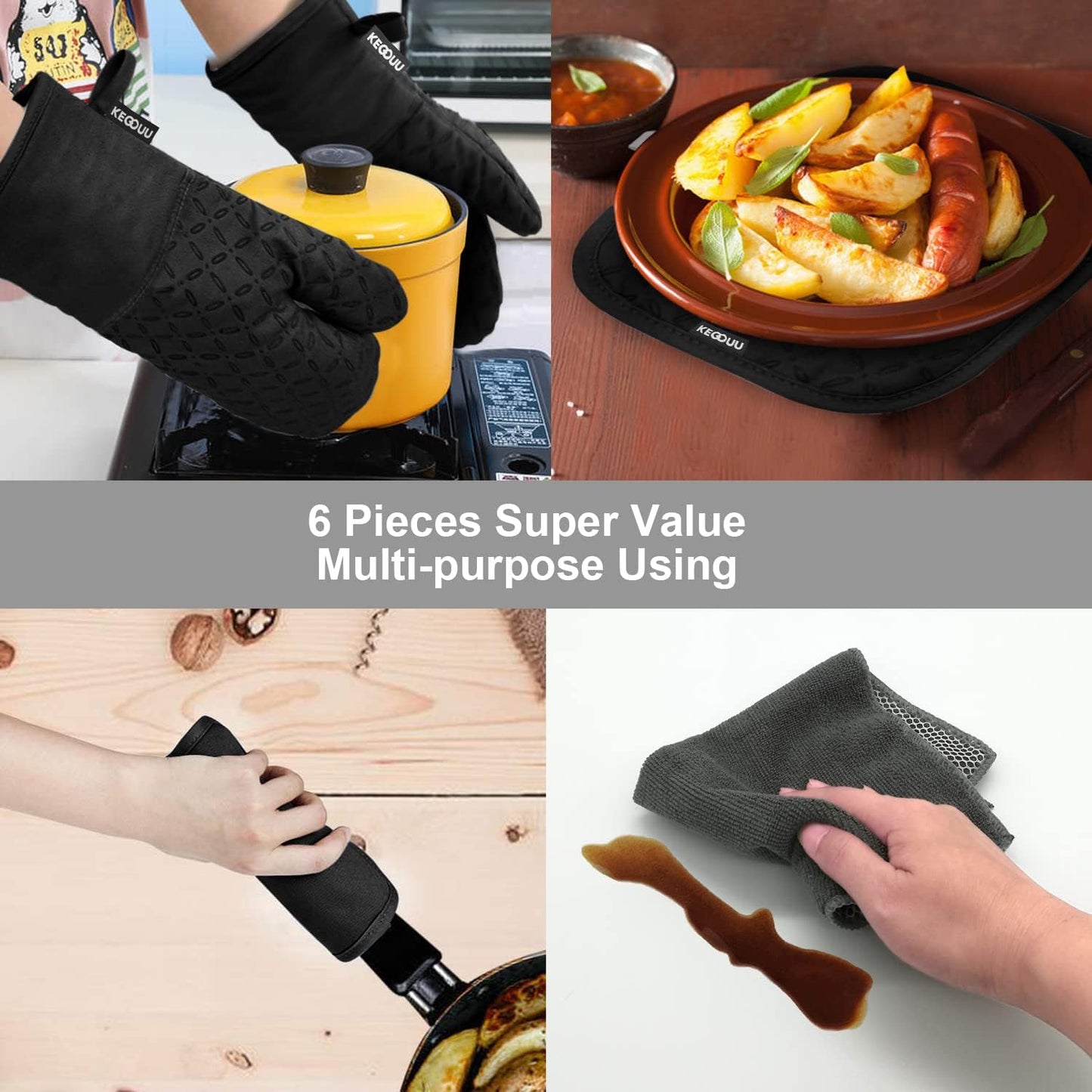 Oven Mitts and Pot Holders 6Pcs Set, Kitchen Oven Glove High Heat Resistant 500 Degree Extra Long Oven Mitts and Potholder with Non-Slip Silicone Surface for Cooking (Black)