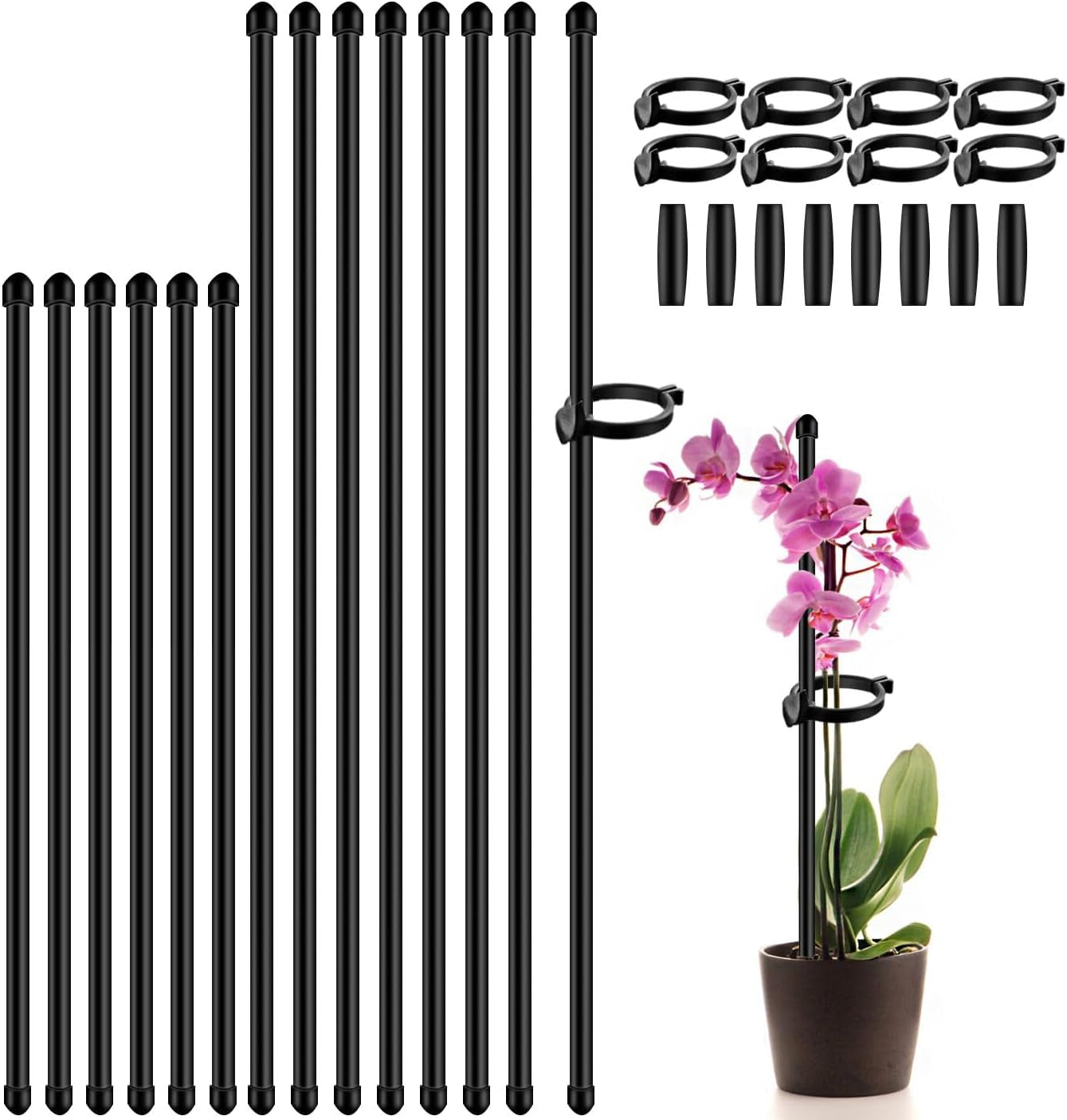 Plant Stakes 17Inch &11Inch  Adjustable Length Plant Support Stake 16Pcs Black Orchid Stick with Clips for Indoor Outdoor,Garden Pole for Potted Tomato Amaryllis Vegetables with 20 Ties