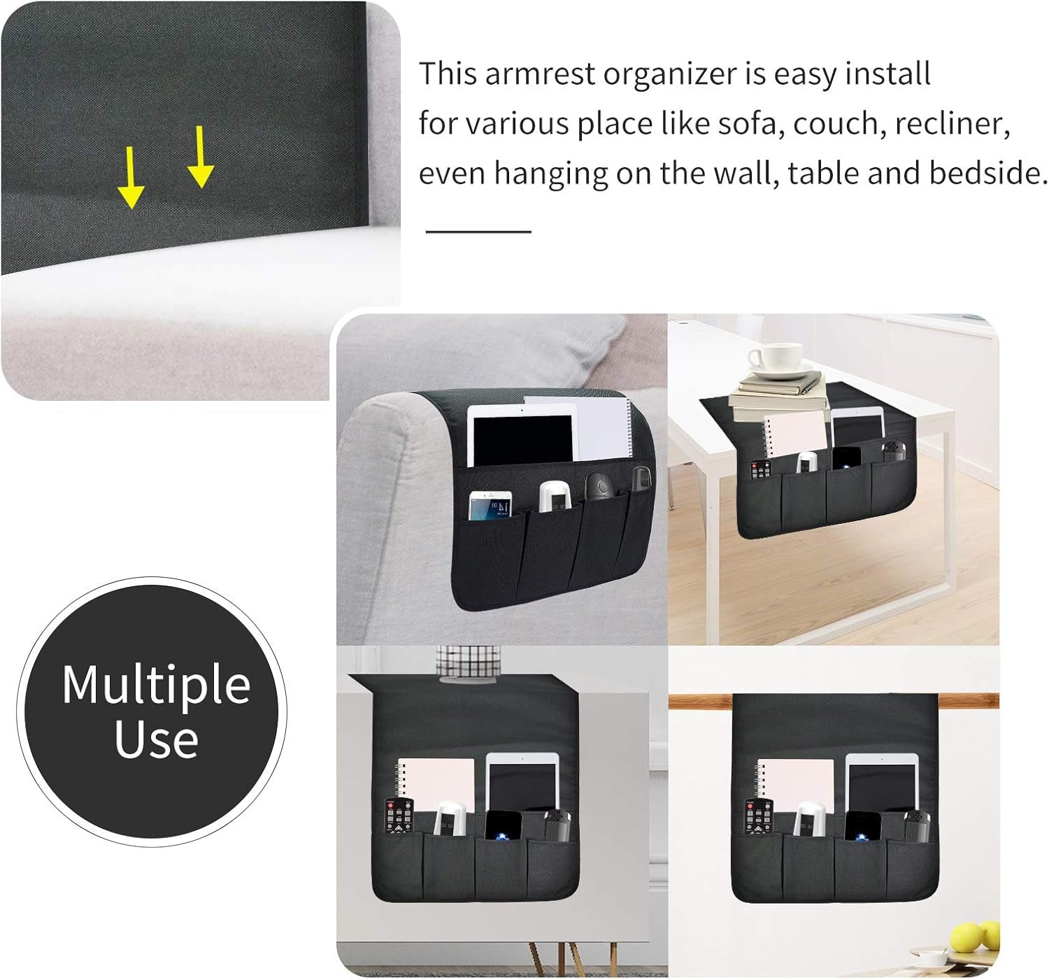 Sofa Armrest Organizer, Remote Control Holder for Recliner Couch, Arm Chair Caddy with 5 Pockets for Magazine, Tablet, Phone, Ipad
