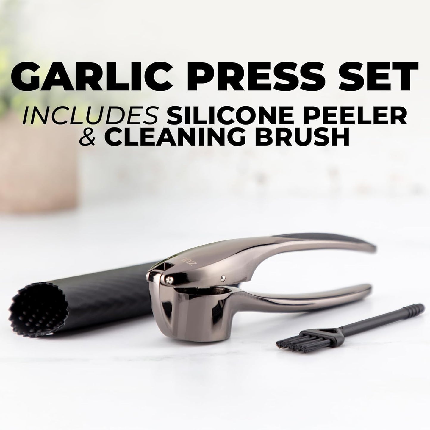 Large Premium Garlic Press Set – Rust Proof & Dishwasher Safe, Bigger Bowl Garlic Mincer Tool with Silicone Garlic Peeler & Brush, Easy Squeeze & Clean, Ergonomic Handle - Dark Gray