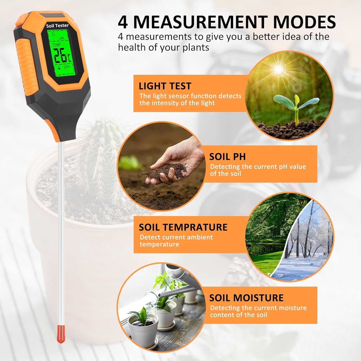 4-In-1 Soil Moisture Meter Digital PH Meter/Soil Moisture/Plant Temperature/Sunlight Intensity, Backlight LCD Display, Soil Test Meter for Garden, Lawn, Plant Care, Farm and Indoor Outdoor Plants