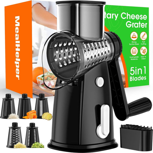 5 Blade Rotary Cheese Grater and Vegetable Chopper with Storage Box and Hand Crank, Compact Shredder for Cheeses, Veggies, Nuts - Easy to Use, Non-Slip Suction Base,Black