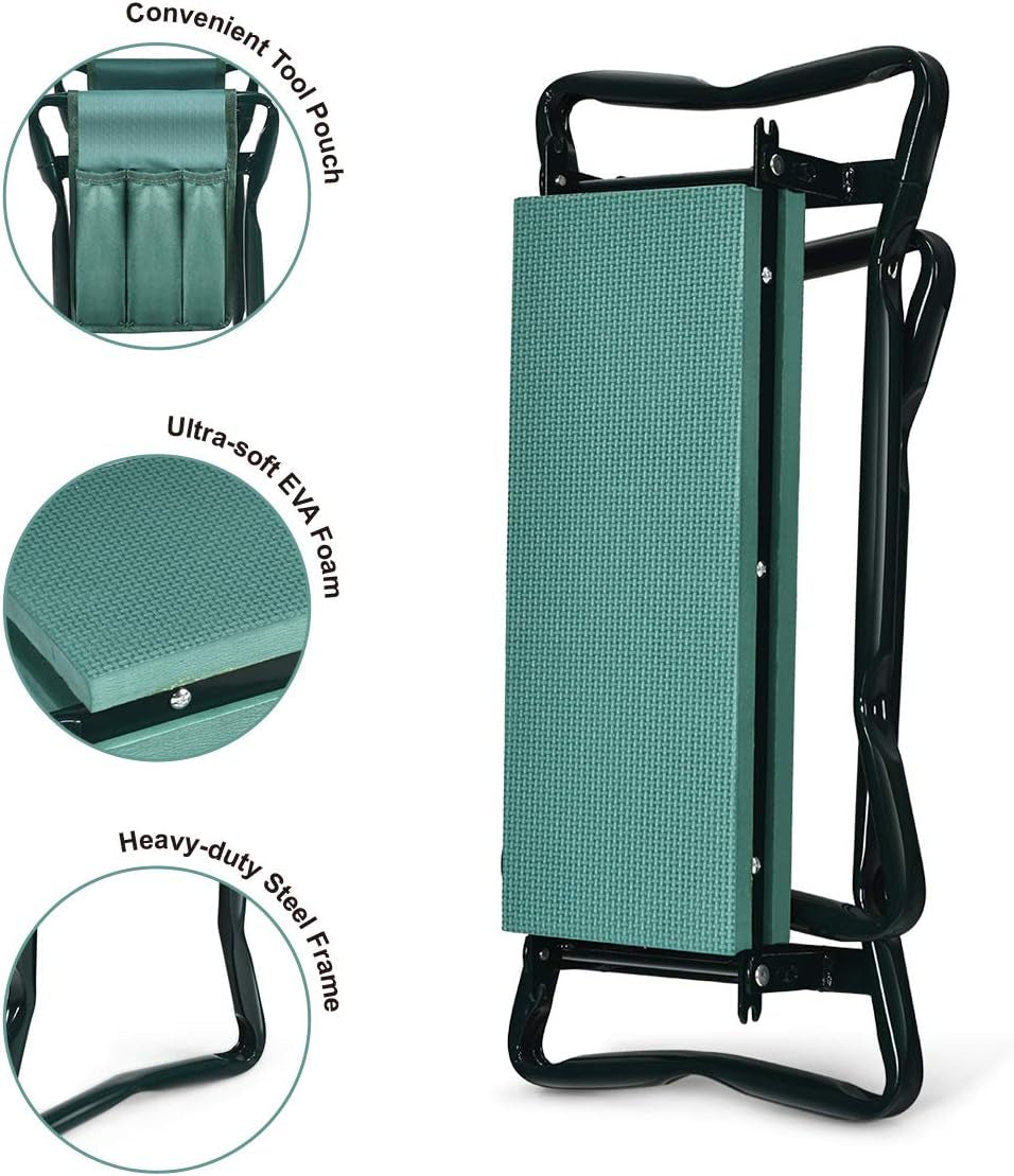2-In-1 Garden Kneeler & Seat, Folding Seat W/Eva Foam Kneeling Pad & Removable Tools Pouch, Sturdy Steel Frame, No Assembly, Portable Heavy Duty Garden Stool for Women & Men