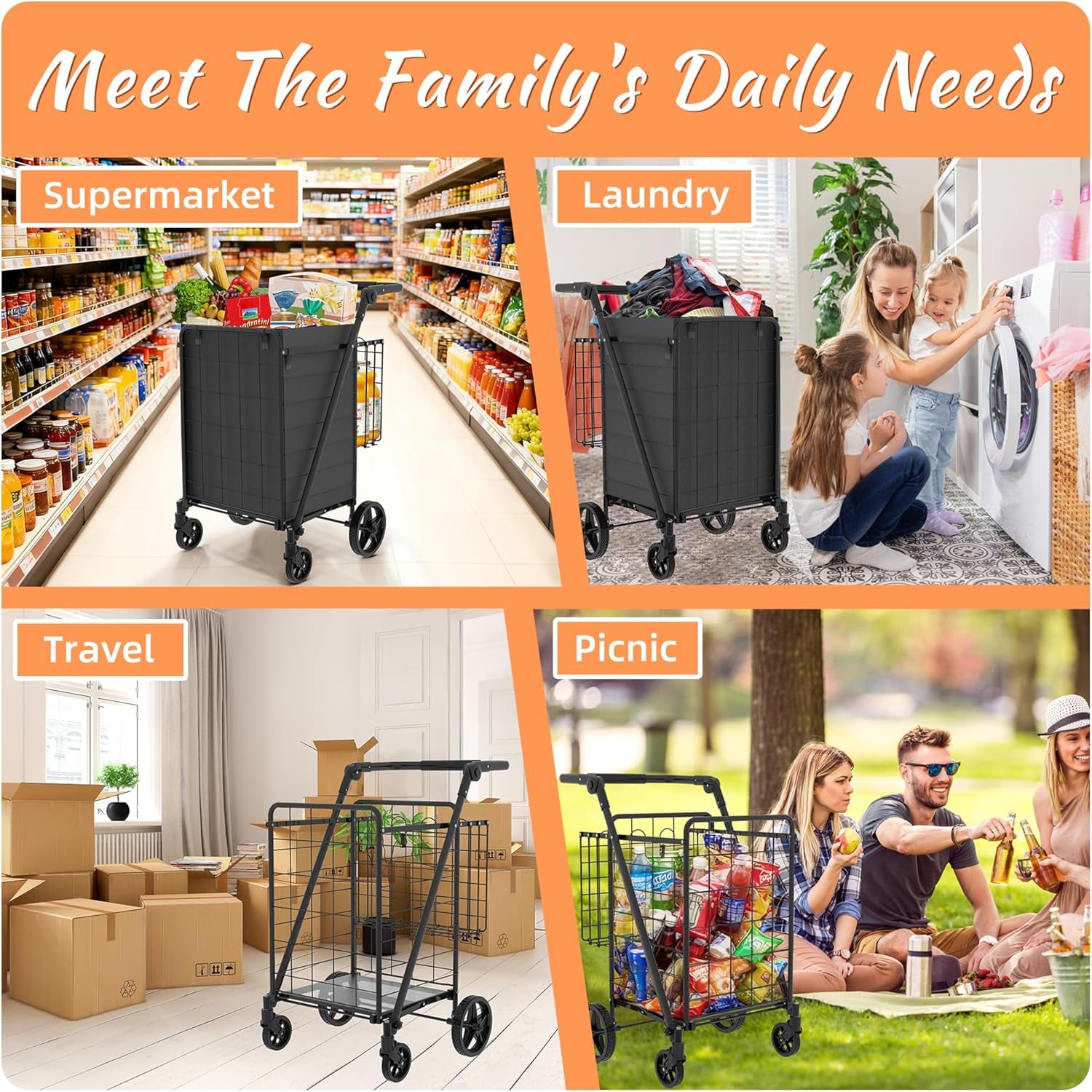 Grocery Cart on Wheels with Adjustable Handle, Waterproof Bag, 10-Min Assembly Heavy-Duty Foldable Shopping Cart for Apartments, Laundry, Camping, Max Load 320 LBS, Black