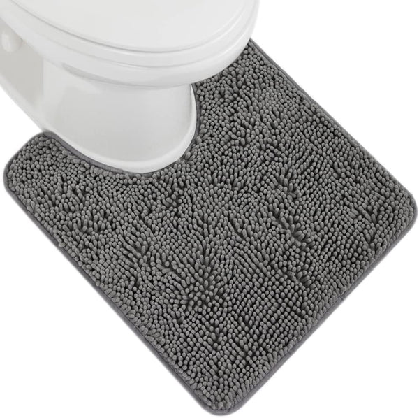 Plush Absorbent Shaggy Chenille Bath Rug Mat for Oval Toilet Base with Rubber Backing, Machine Washable Rugs, Soft Microfiber Contour Mats for Toilets, Bathroom Decor, Grey