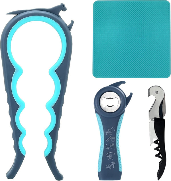 Jar Opener Bottle Opener and Can Opener for Weak Hands,Seniors with Arthritis, Elderly, Jar Lid Opener Gadgets with Rubber Jar Opener Gripper Pad and Corkscrew Opener
