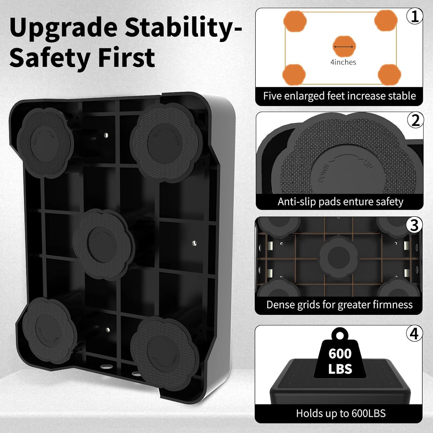 Adjustable Step Stool for Adults, Toddler Step Stools, 600 LBS Capacity Non-Slip Safety Step Platform for Elderly, Portable Stair Assist for Cars, Bedside, Kitchen, and Shower, Black