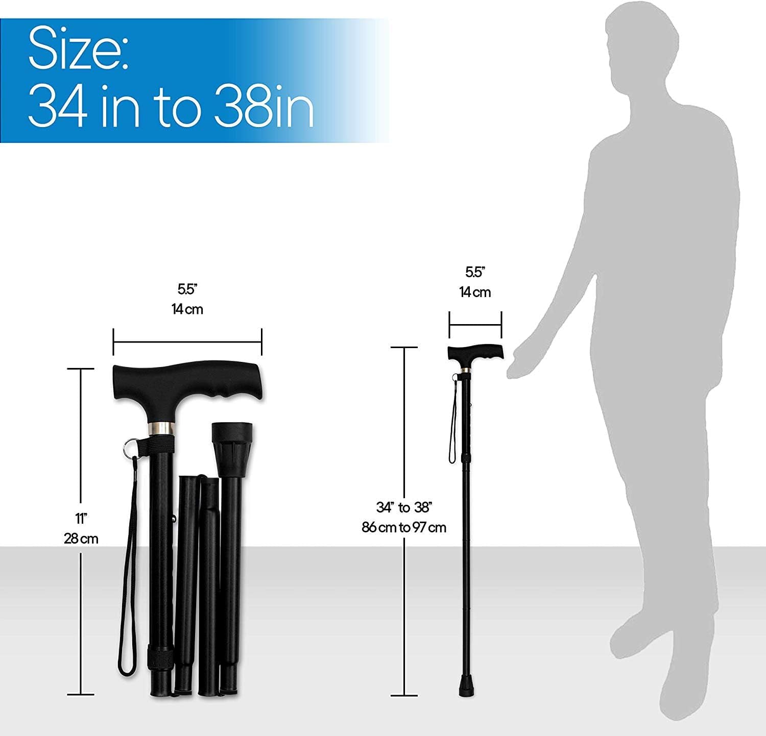 Folding Lightweight Walking Stick - Adjustable Aluminum Metal Collapsible Travel Cane with Non-Slip Rubber Base