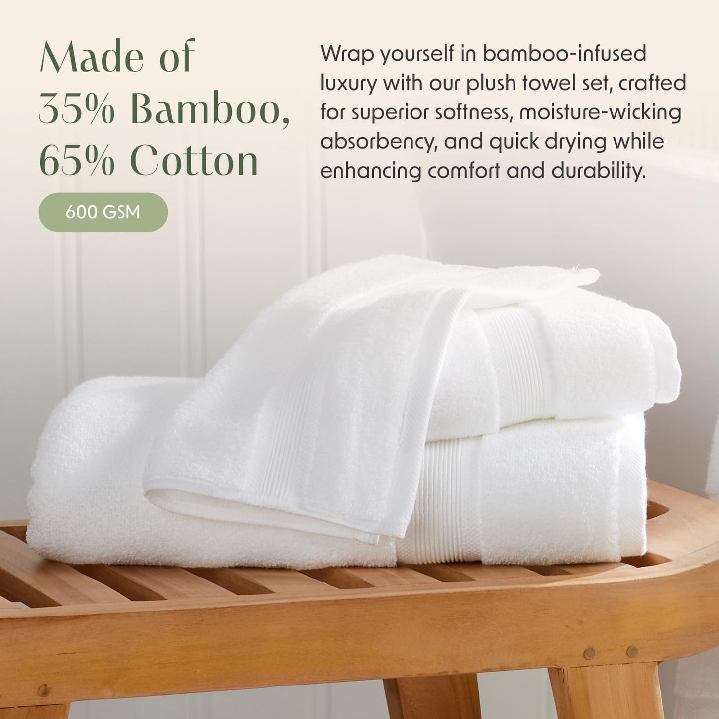 Luxury Bamboo Rayon Bath Towel Set of 4 | 35% Bamboo Rayon - 65% Zero Twist Cotton | Absorbent Quick-Dry Towels for Bathroom | Oeko-Tex Standard 100 Cotton | White - 4 Pack