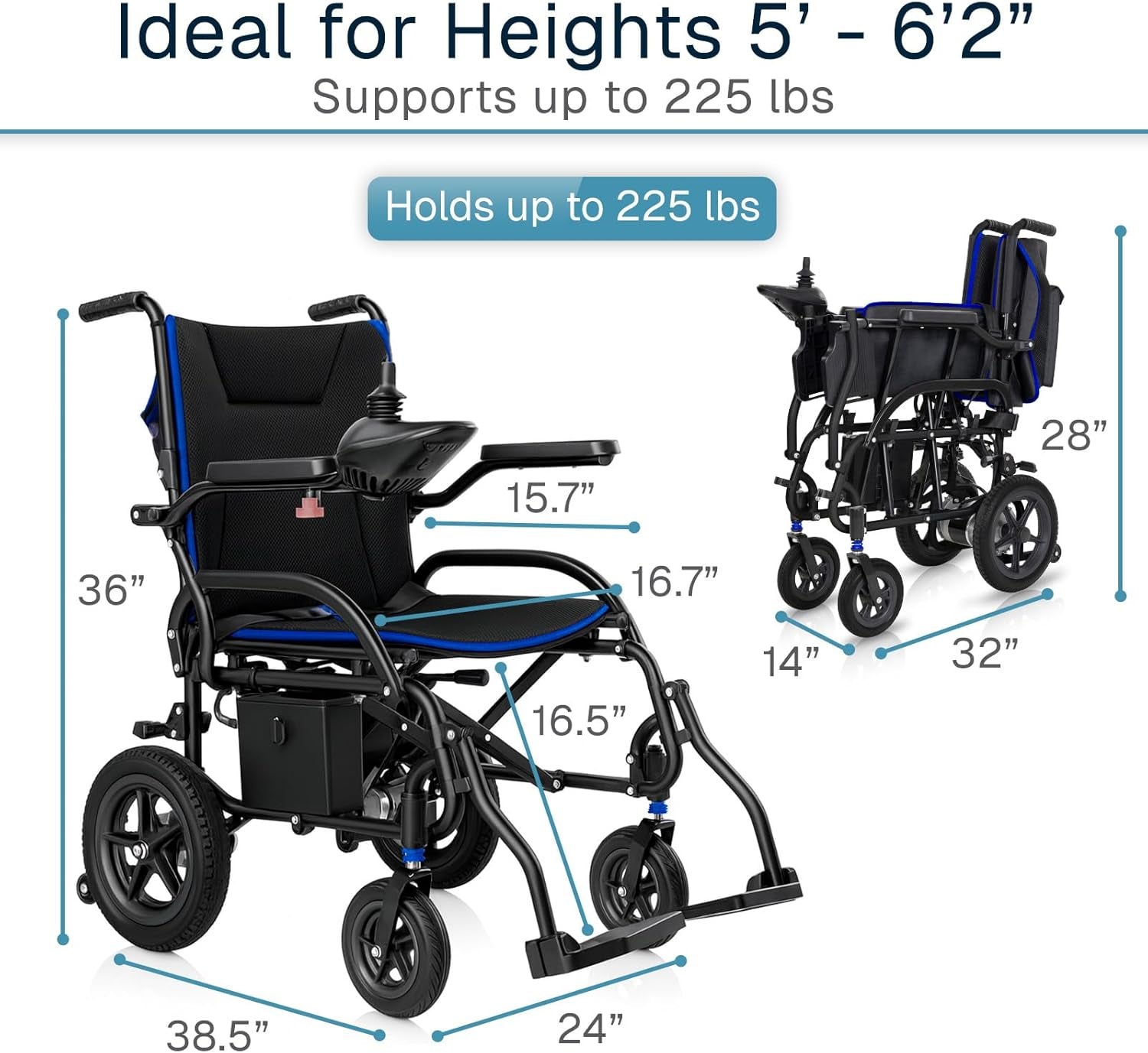 Vive Lightweight Electric Wheelchair for Adults - Foldable Power Wheel Chair - Collapsible, Folding, Ultralight, Motorized, Light Weight Travel Senior Carbon Fiber Mobility Aid - Weighs 39 Lbs