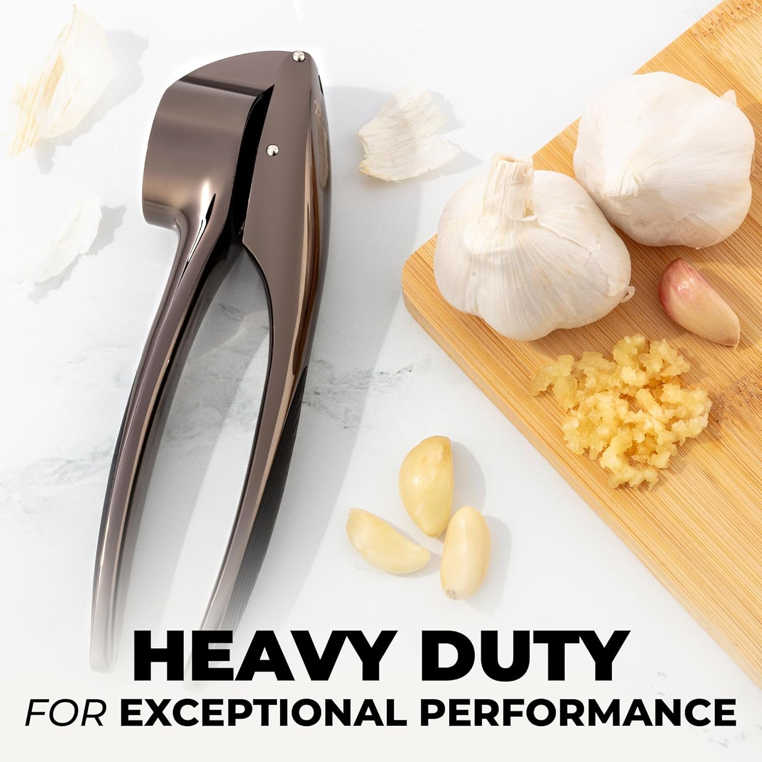 Large Premium Garlic Press Set – Rust Proof & Dishwasher Safe, Bigger Bowl Garlic Mincer Tool with Silicone Garlic Peeler & Brush, Easy Squeeze & Clean, Ergonomic Handle - Dark Gray