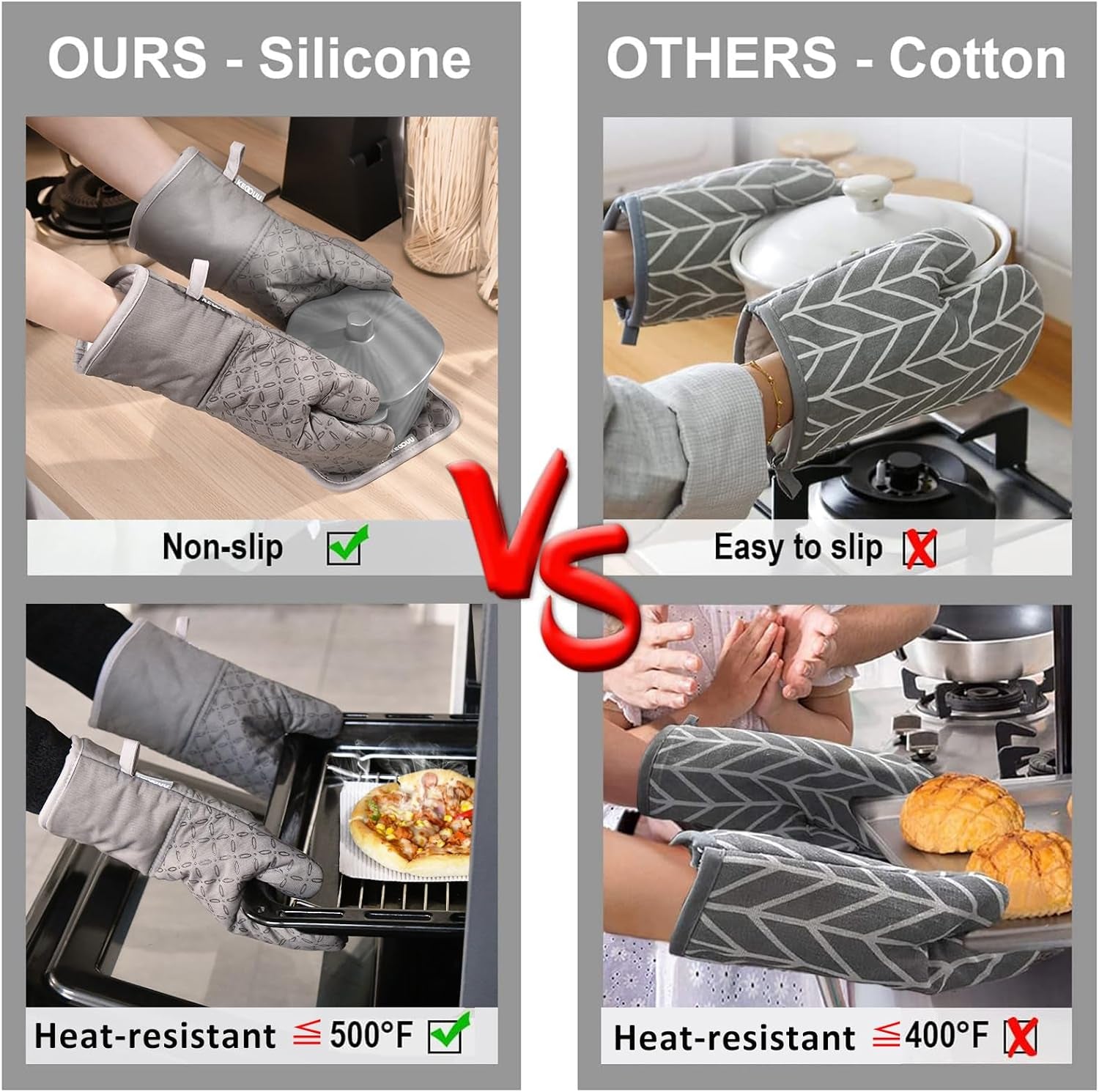 Oven Mitts and Pot Holders 6Pcs Set, Kitchen Oven Glove High Heat Resistant 500 Degree Extra Long Oven Mitts and Potholder with Non-Slip Silicone Surface for Cooking (Grey)