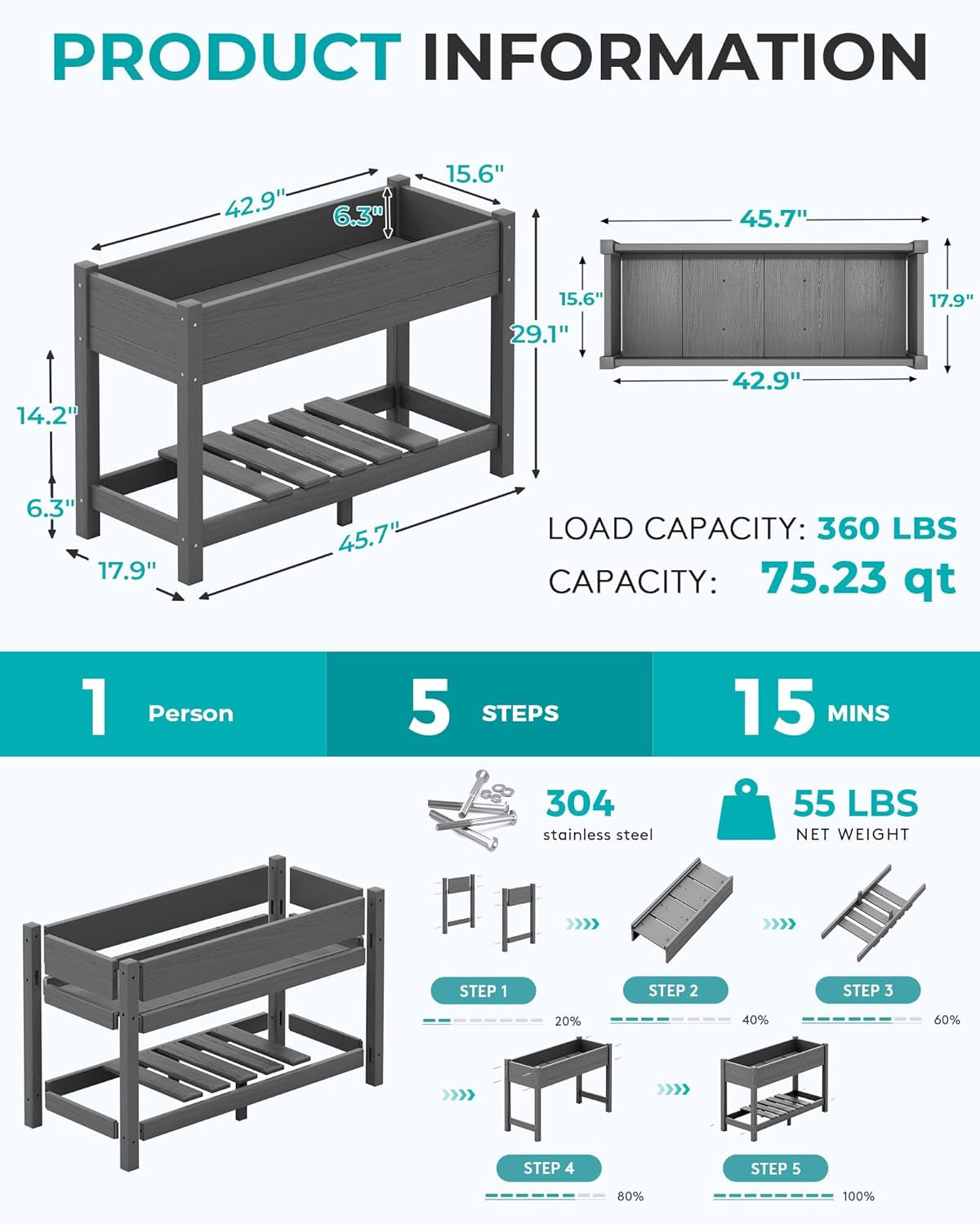 Raised Garden Bed, HDPE Raised Bed for Gardening All Weather Use- Grey