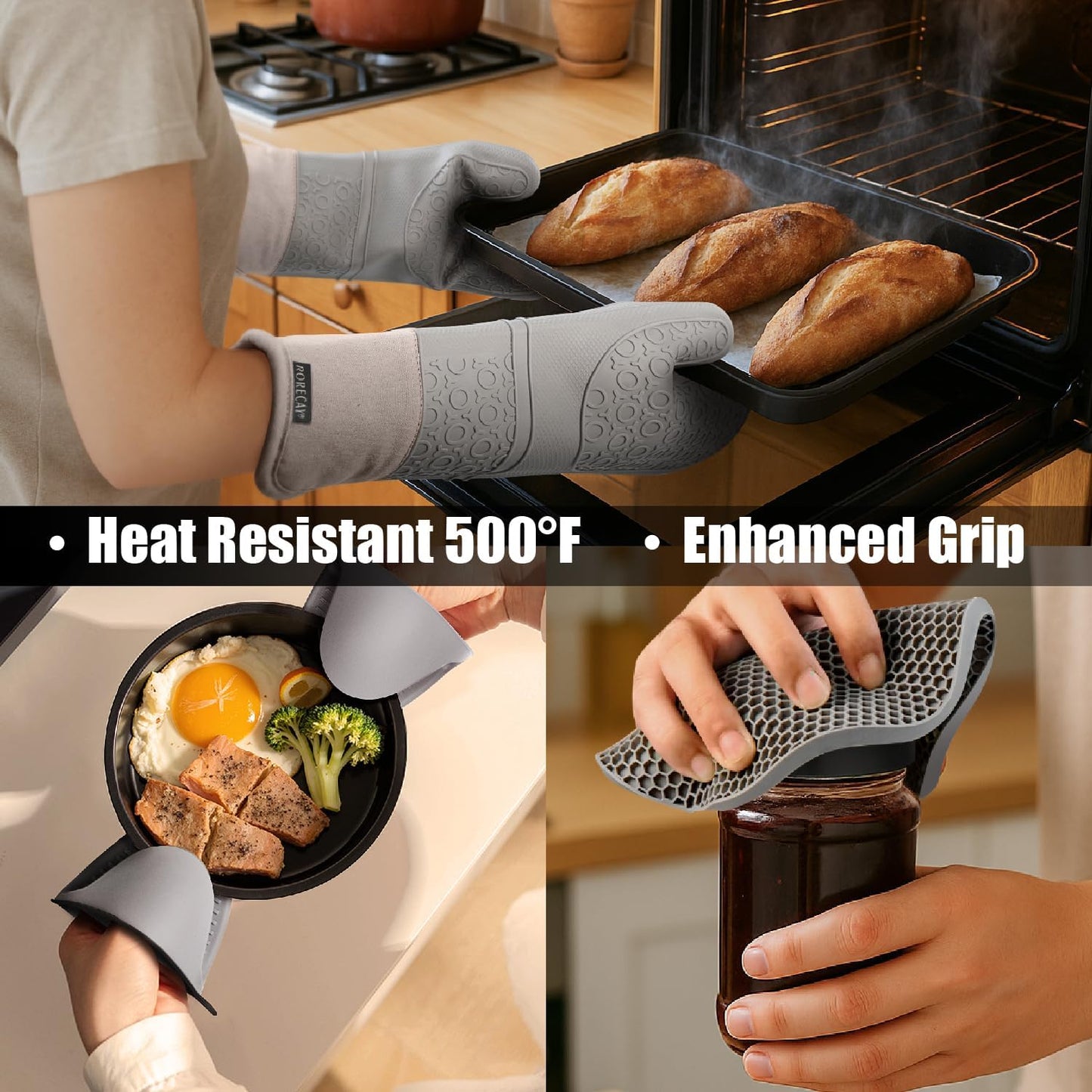 6Pcs Oven Mitts and Pot Holders Sets for Kitchen, Extra Long Silicone Oven Gloves High Heat Resistant 500 Degrees Non-Slip Potholders Hot Pads for Baking Cooking, Grey
