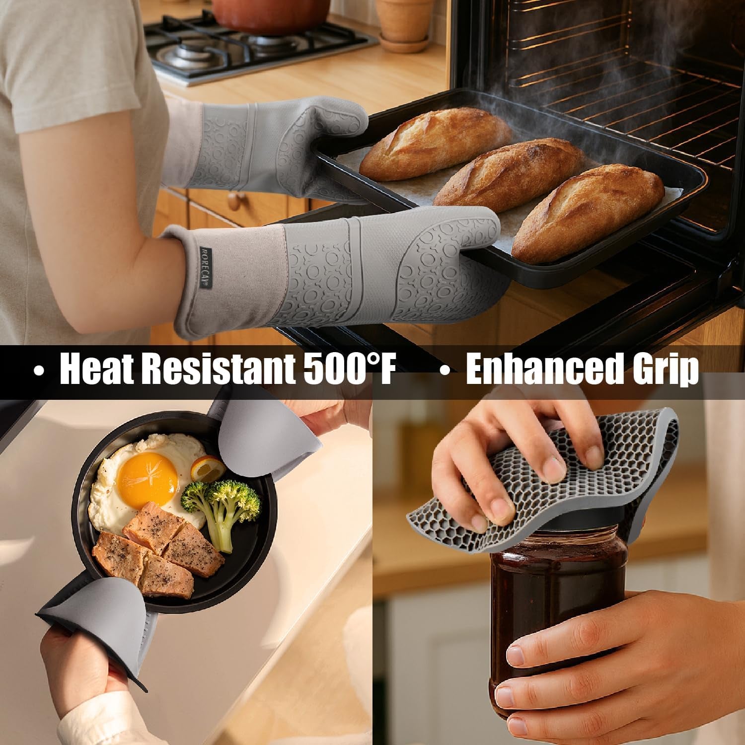 6Pcs Oven Mitts and Pot Holders Sets for Kitchen, Extra Long Silicone Oven Gloves High Heat Resistant 500 Degrees Non-Slip Potholders Hot Pads for Baking Cooking, Grey