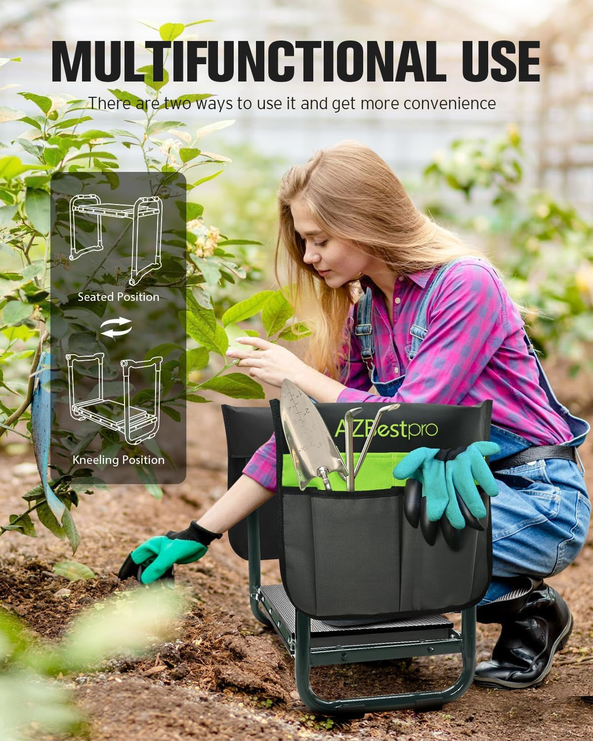 Garden Kneeler and Seat Heavy Duty, Upgraded Foldable Gardening Stool - Widened to 10" Stable Wear-Resistant Prevent Knee and Back Pain, Beautiful Logo High-End 2 Large Tool Bags Gift for Women