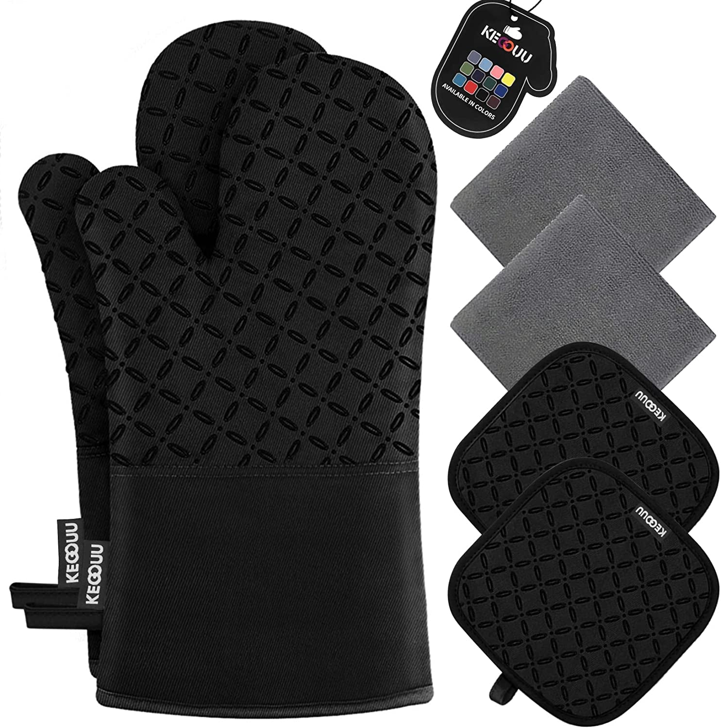 Oven Mitts and Pot Holders 6Pcs Set, Kitchen Oven Glove High Heat Resistant 500 Degree Extra Long Oven Mitts and Potholder with Non-Slip Silicone Surface for Cooking (Black)