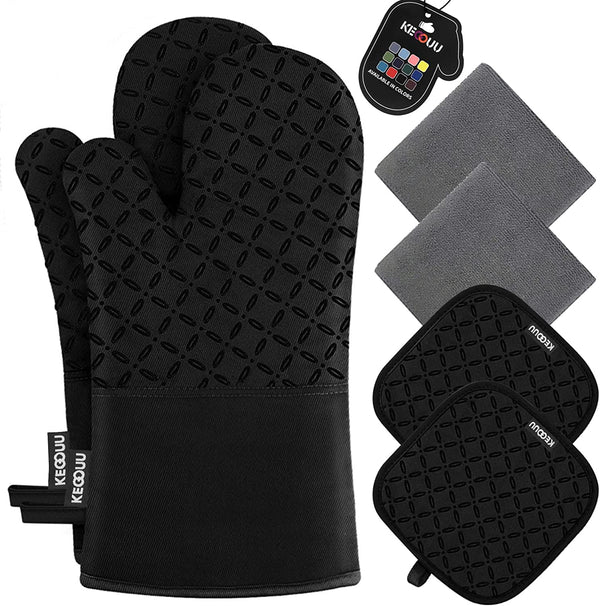 Oven Mitts and Pot Holders 6Pcs Set, Kitchen Oven Glove High Heat Resistant 500 Degree Extra Long Oven Mitts and Potholder with Non-Slip Silicone Surface for Cooking (Black)