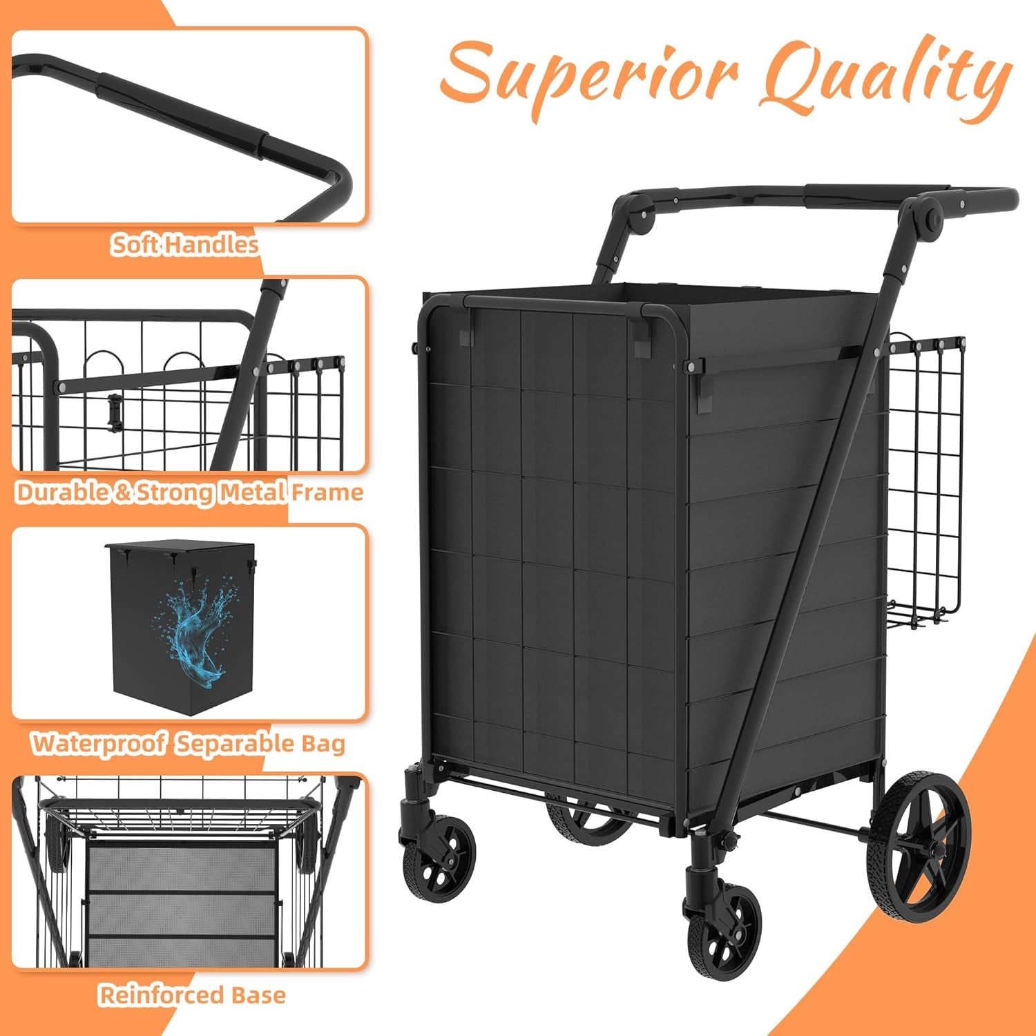 Grocery Cart on Wheels with Adjustable Handle, Waterproof Bag, 10-Min Assembly Heavy-Duty Foldable Shopping Cart for Apartments, Laundry, Camping, Max Load 320 LBS, Black