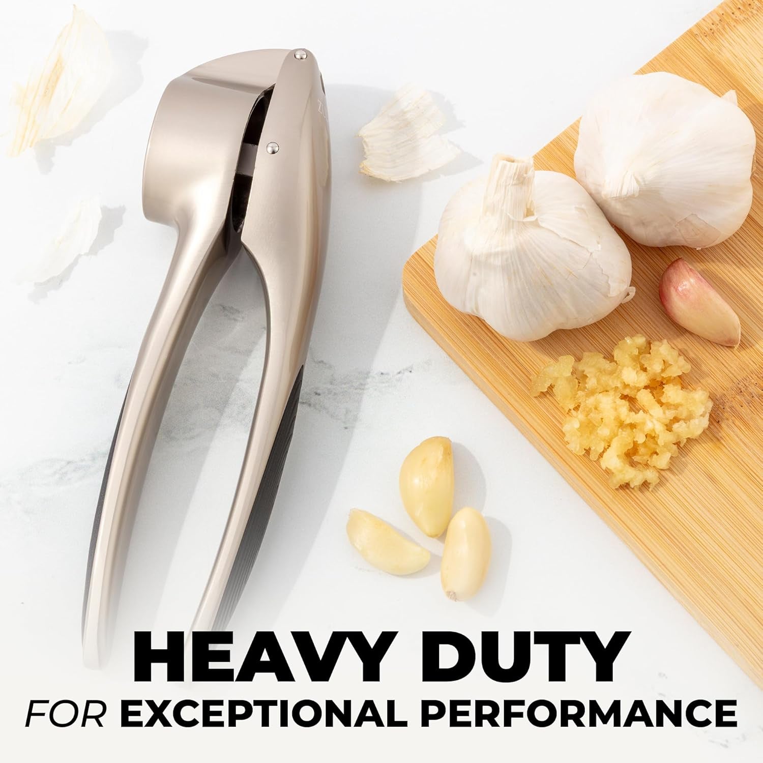 Large Premium Garlic Press Set – Rust Proof & Dishwasher Safe, Bigger Bowl Garlic Mincer Tool with Silicone Garlic Peeler & Brush, Easy Squeeze & Clean, Ergonomic Handle - Silver