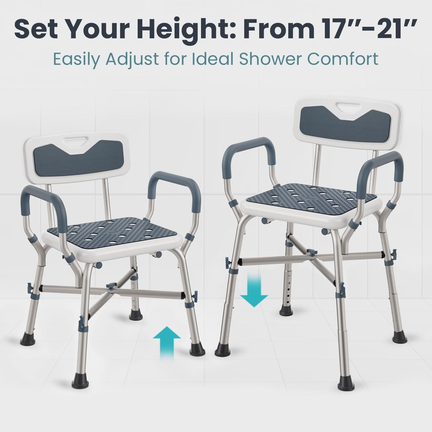 Shower Chair for Elderly and Disabled (450Lb) with Padded Armrests and Back, Adjustable Height Shower Seat, Heavy Duty Shower Chairs for inside Shower, Handicap - Blue