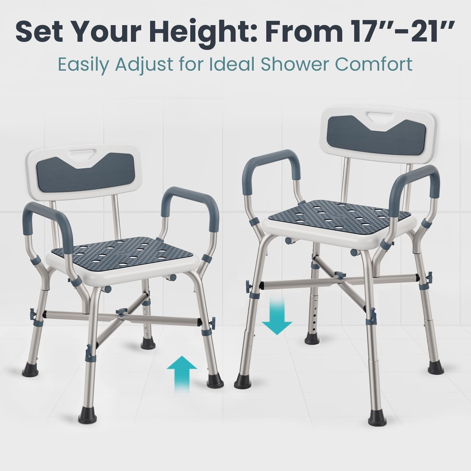 Shower Chair for Elderly and Disabled (450Lb) with Padded Armrests and Back, Adjustable Height Shower Seat, Heavy Duty Shower Chairs for inside Shower, Handicap - Blue
