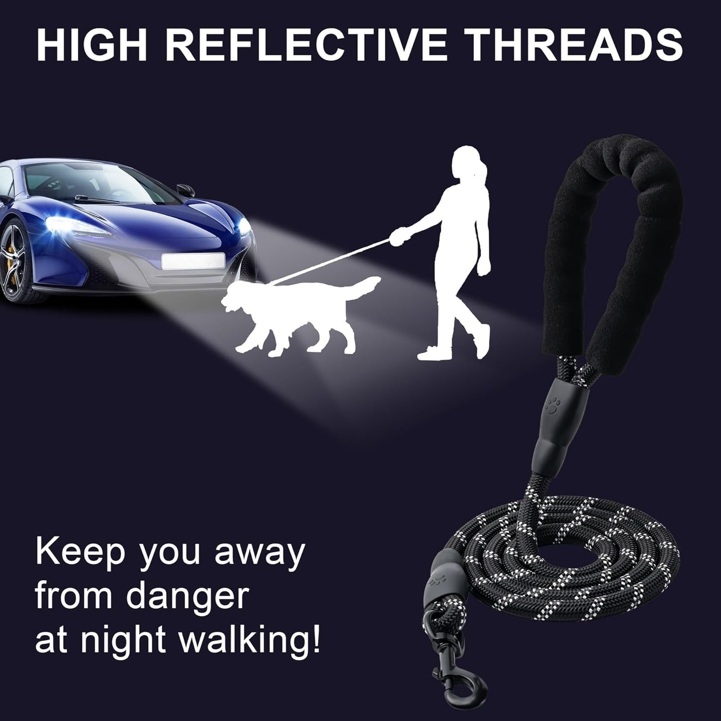 2 Pack Dog Leash, 4/5//6 FT Heavy Duty Nylon Rope Pet Leashes with Comfortable Padded Handle, Reflective Dog Leashes for Small Medium and Large Dogs (4Ft-1/2,Black/Black)