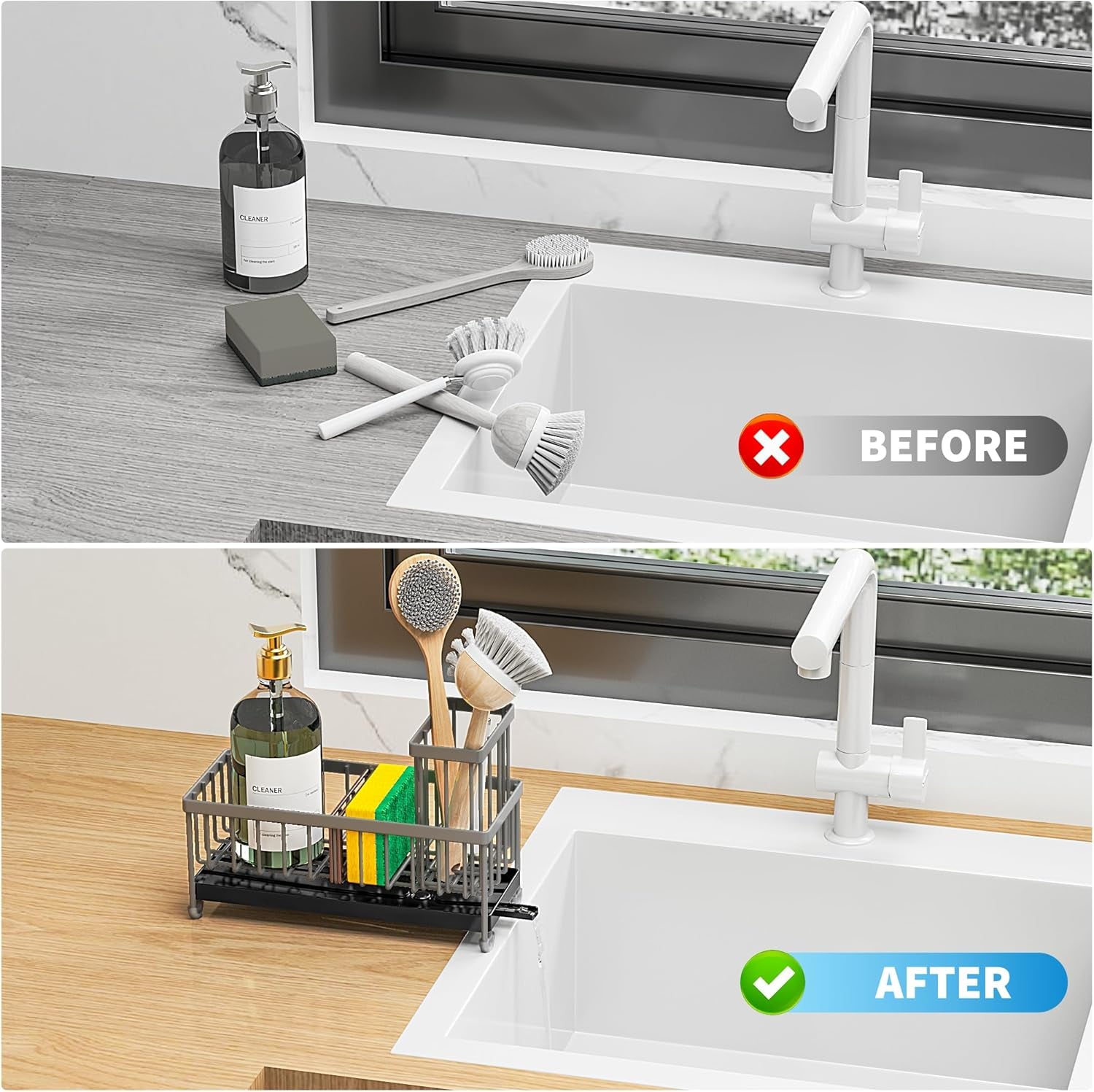 Charcoal Gray Sponge Holder for Kitchen Sink, Sink Caddy Organizer with High Brush Holder, Kitchen Countertop Organizers and Storage Essentials, Rustproof 304 Stainless Steel