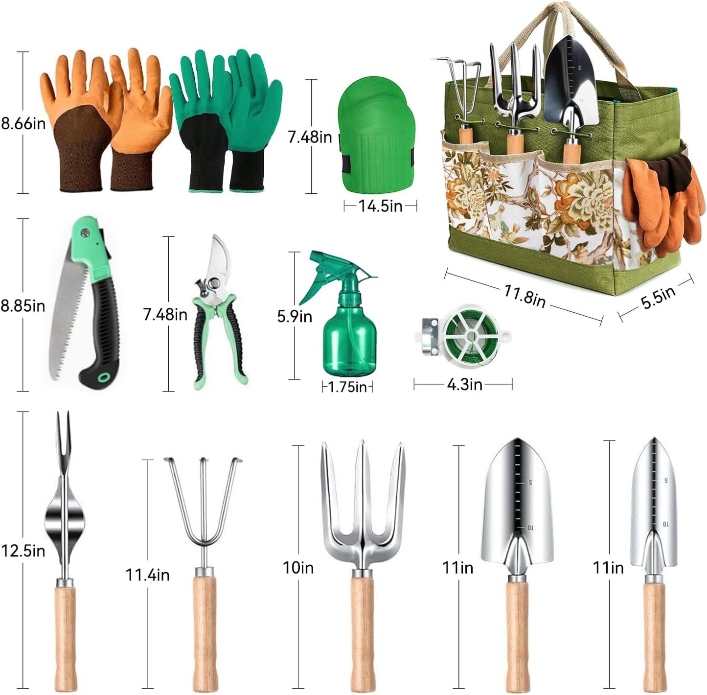 Gardening Tools 13 PCS Stainless Steel Heavy Duty Garden Tool Set with Storage Tote Bag, Knee Pads, Squirt Bottle and Gloves, Gardening Hand Tool Gifts Kit for Women Men