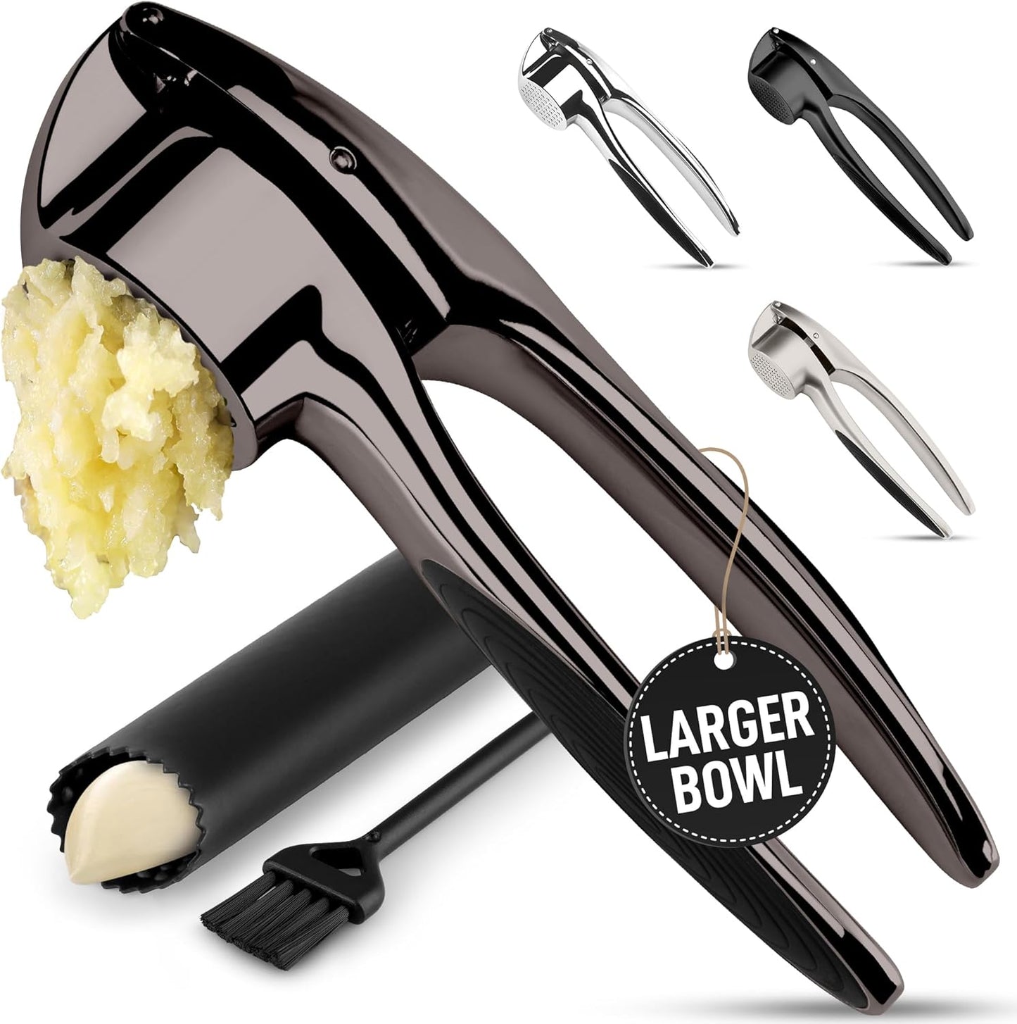 Large Premium Garlic Press Set – Rust Proof & Dishwasher Safe, Bigger Bowl Garlic Mincer Tool with Silicone Garlic Peeler & Brush, Easy Squeeze & Clean, Ergonomic Handle - Dark Gray