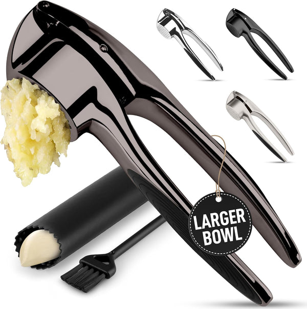 Large Premium Garlic Press Set – Rust Proof & Dishwasher Safe, Bigger Bowl Garlic Mincer Tool with Silicone Garlic Peeler & Brush, Easy Squeeze & Clean, Ergonomic Handle - Dark Gray