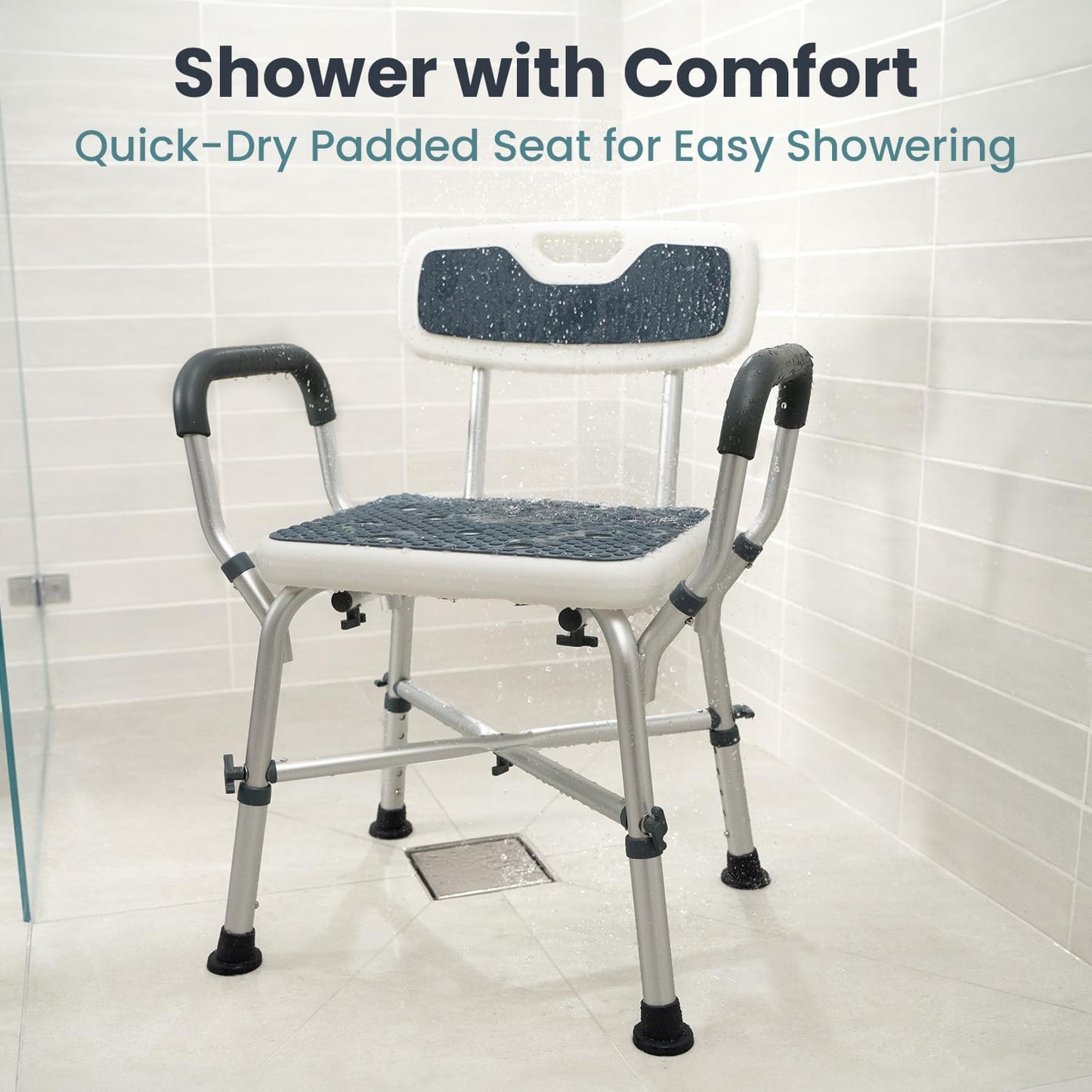 Shower Chair for Elderly and Disabled (450Lb) with Padded Armrests and Back, Adjustable Height Shower Seat, Heavy Duty Shower Chairs for inside Shower, Handicap - Blue