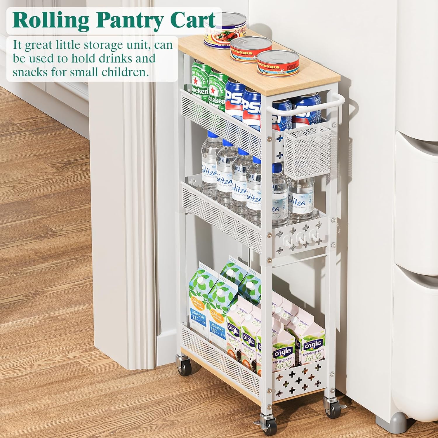Slim Storage Cart 4 Tier Laundry Cart with Wheels, Narrow Metal Kitchen Rolling Carts Bathroom Organizers Storage Shelf with Wood Rack and Handle for Small Space