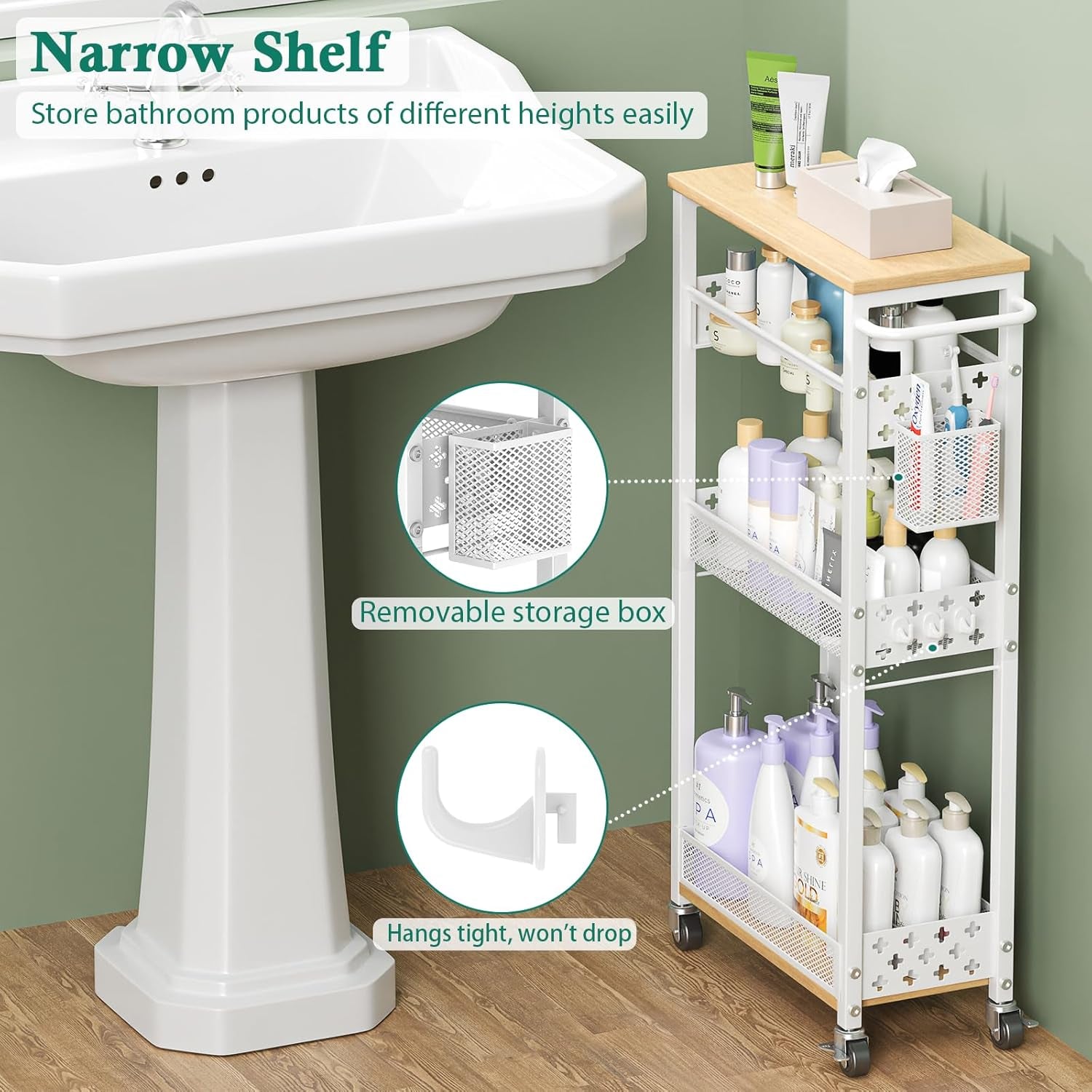 Slim Storage Cart 4 Tier Laundry Cart with Wheels, Narrow Metal Kitchen Rolling Carts Bathroom Organizers Storage Shelf with Wood Rack and Handle for Small Space