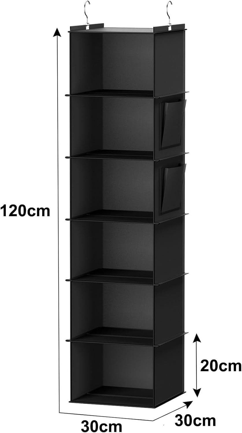 Hanging Closet Organizers and Storage, 6-Shelf Hanging Closet Shelves, Black