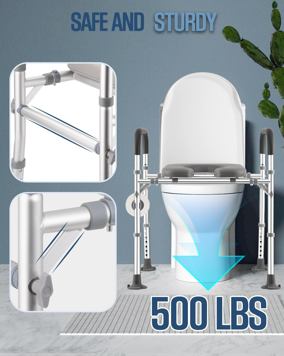 Toilet Seat Riser with Handles, 500Lb Raised Toilet Seat, Adjustable Height & Width, Handicap Raised Toilet Chair for Seniors, Fit Any Toilet