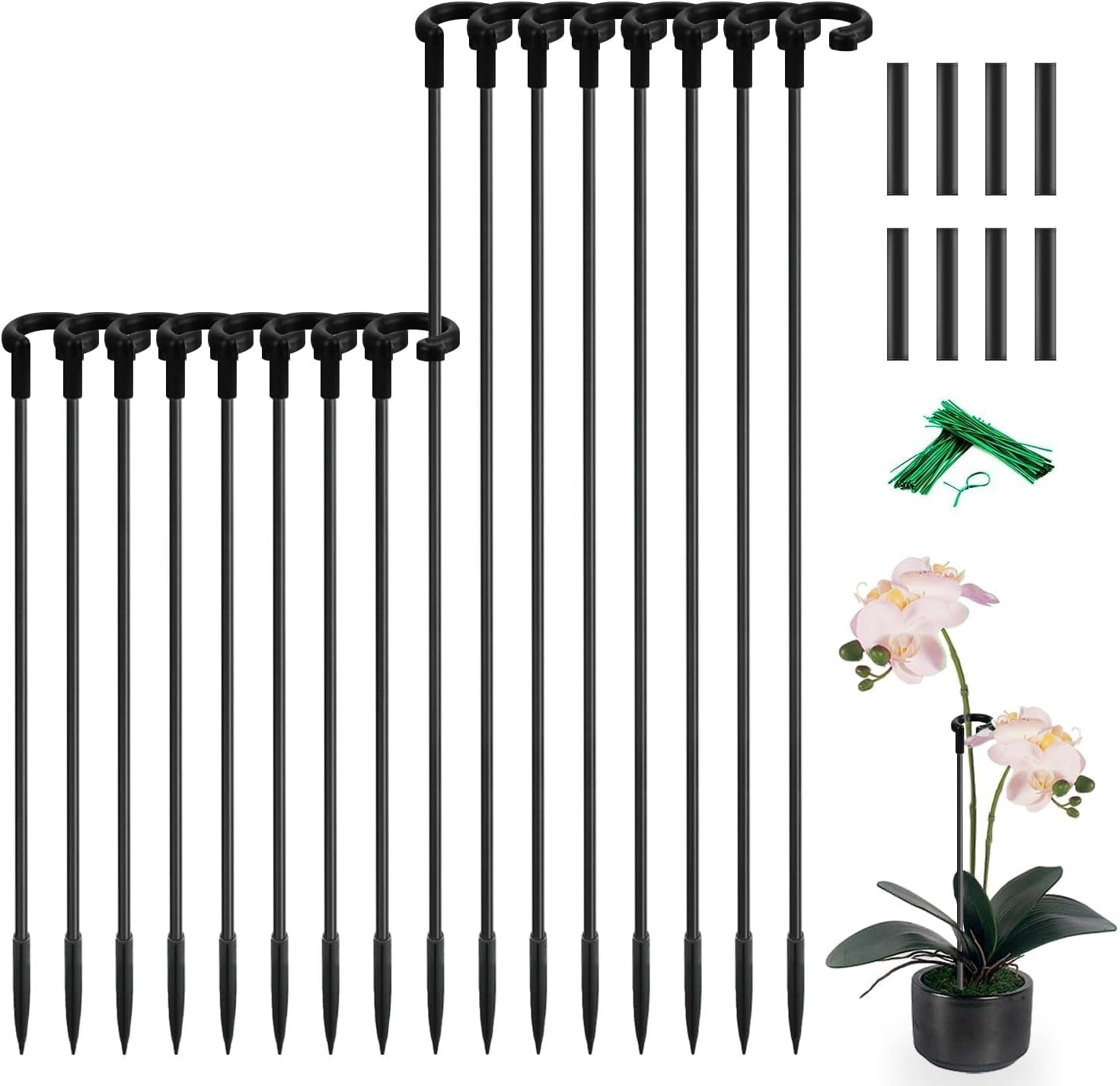 Orchid Sticks 17 Inch &11 Inch  16Pcs Plant Stakes with Clips for Support Small Short Plants,Garden Stakes Support Poles Rods Suit for Potted Plants Flowers Seedling (Black)