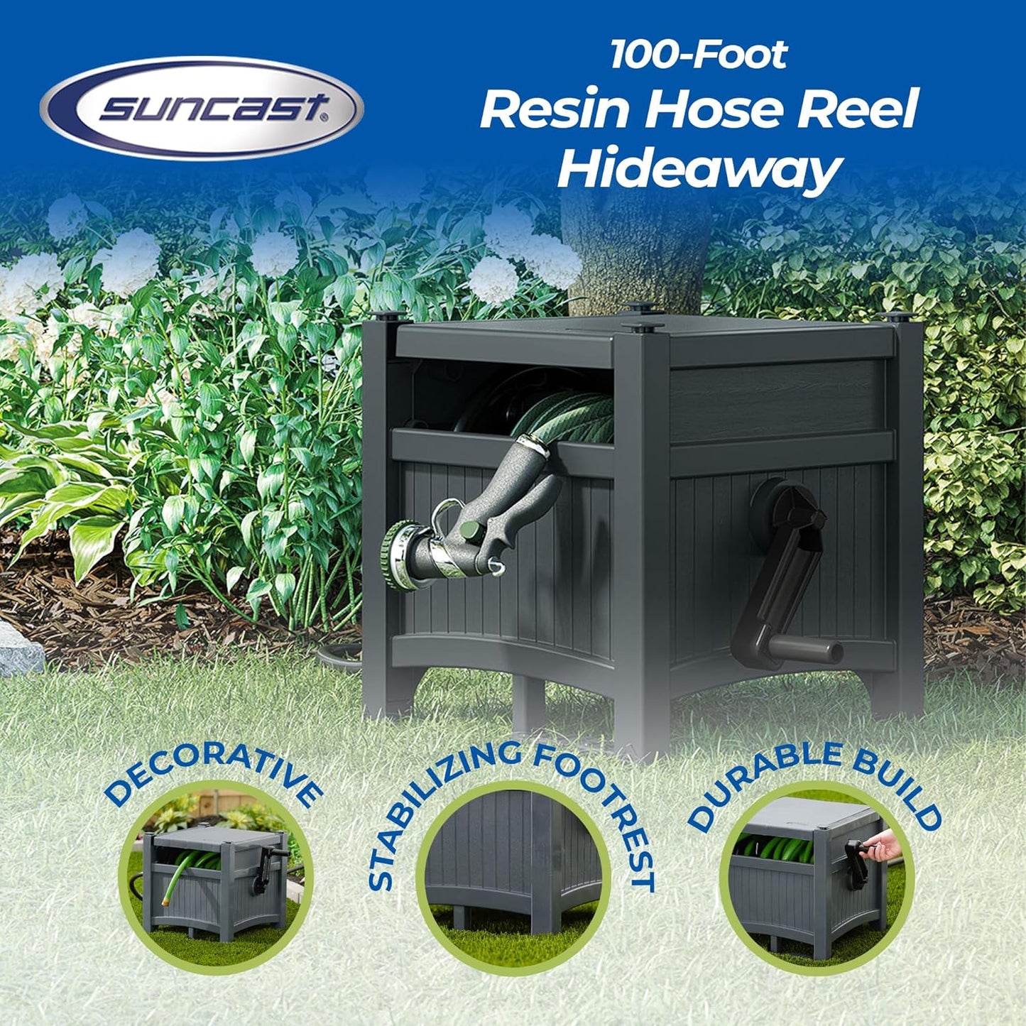 Garden Hose Hideaway Storage Reel Box, Cyberspace Grey – Resin Outdoor Container, Holds up to 100 Feet of 5/8 Inch Standard Vinyl Water Line – No Assembly Required