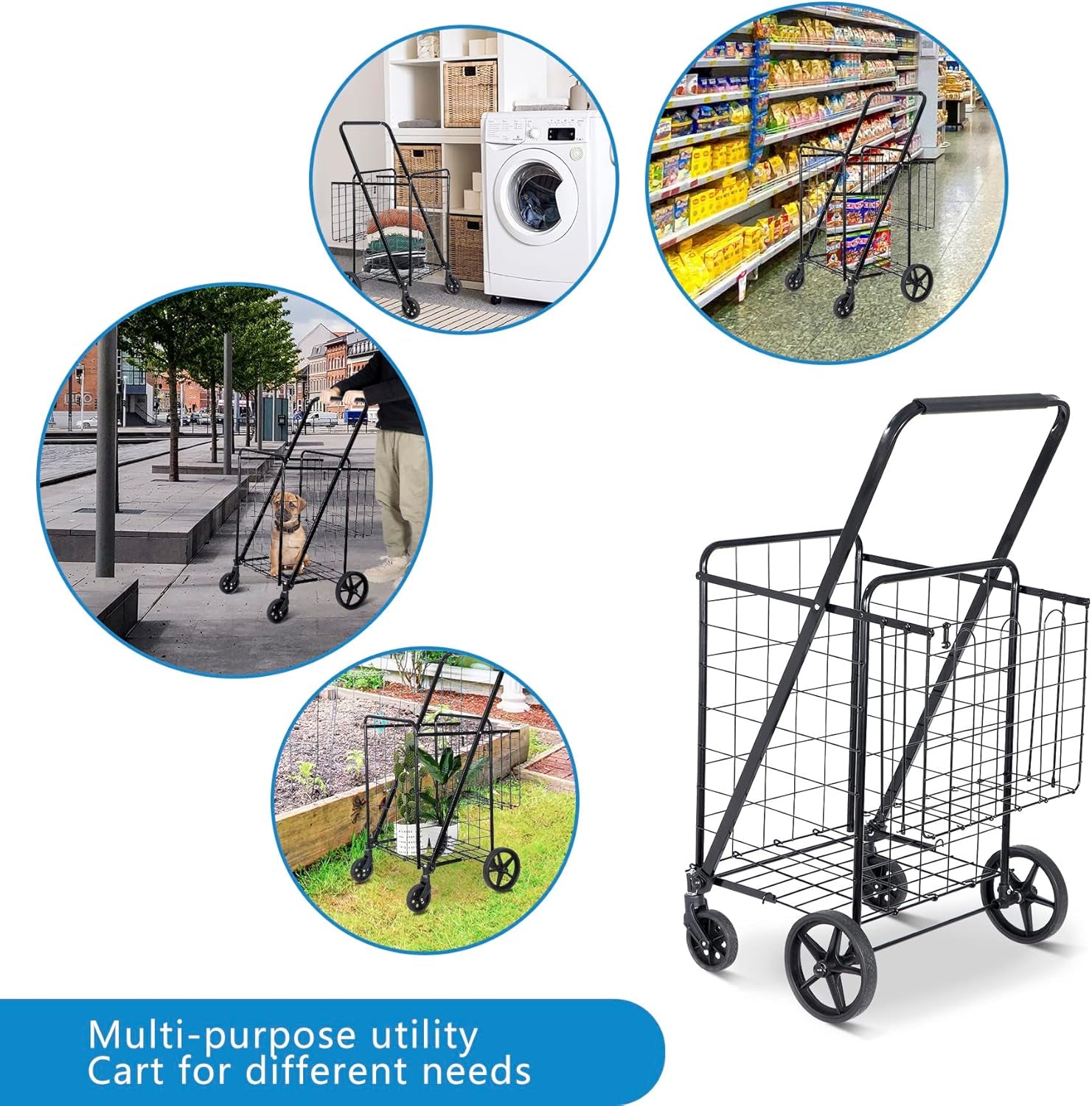 Folding Shopping Cart with Wheels and Double Basket for Groceries Laundry Book Luggage Travel, Black