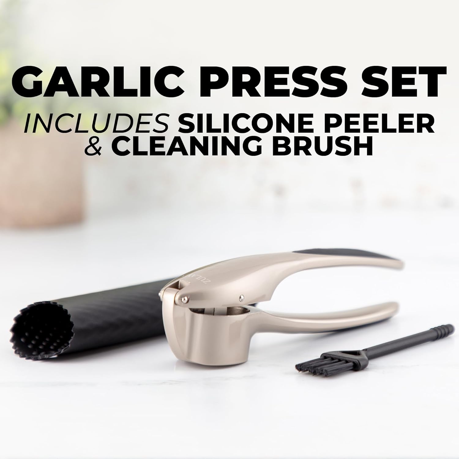 Large Premium Garlic Press Set – Rust Proof & Dishwasher Safe, Bigger Bowl Garlic Mincer Tool with Silicone Garlic Peeler & Brush, Easy Squeeze & Clean, Ergonomic Handle - Silver