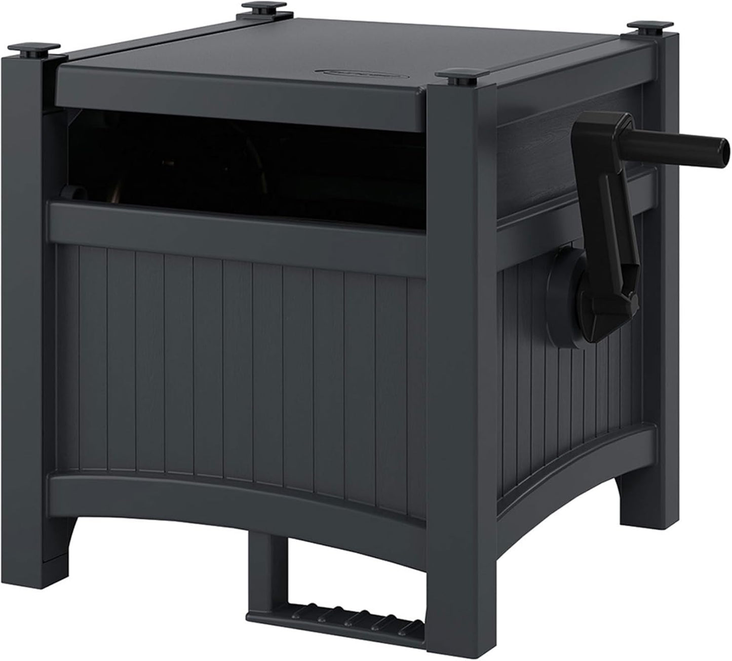 Garden Hose Hideaway Storage Reel Box, Cyberspace Grey – Resin Outdoor Container, Holds up to 100 Feet of 5/8 Inch Standard Vinyl Water Line – No Assembly Required
