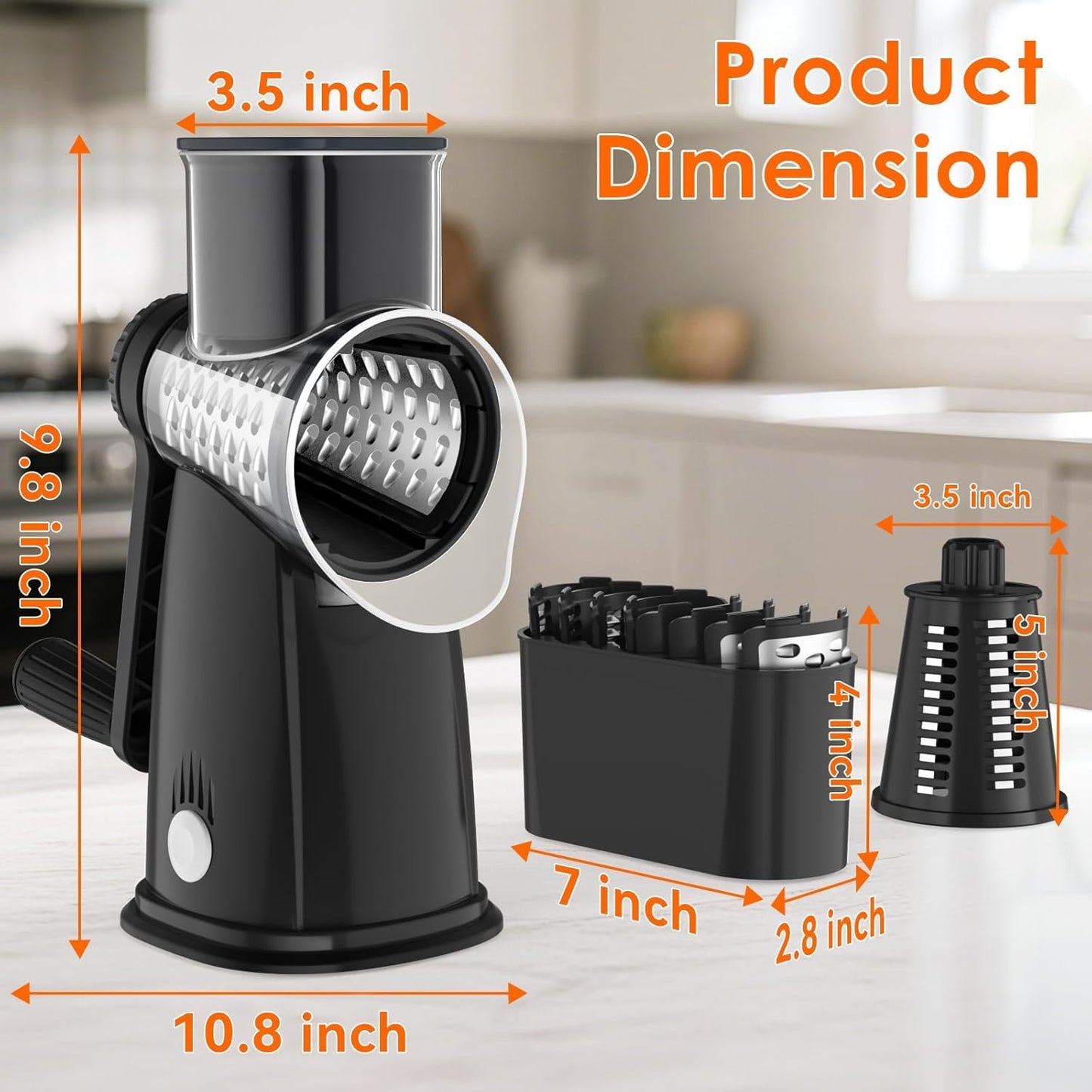 5 Blade Rotary Cheese Grater and Vegetable Chopper with Storage Box and Hand Crank, Compact Shredder for Cheeses, Veggies, Nuts - Easy to Use, Non-Slip Suction Base,Black